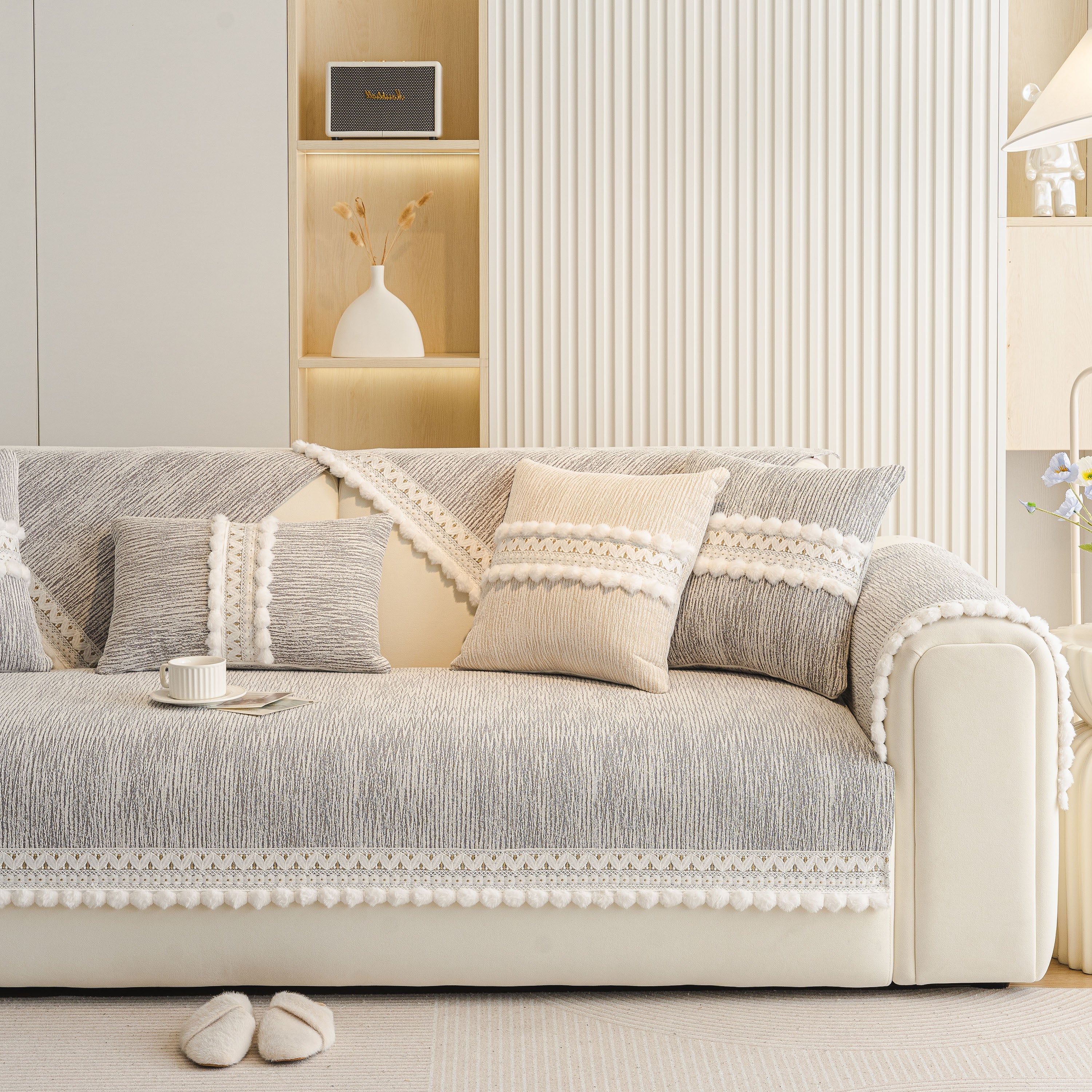 Soft Chenille Sectional Sofa Cover with Pom Pom Trim – Non-Slip Couch Protector - Image 54