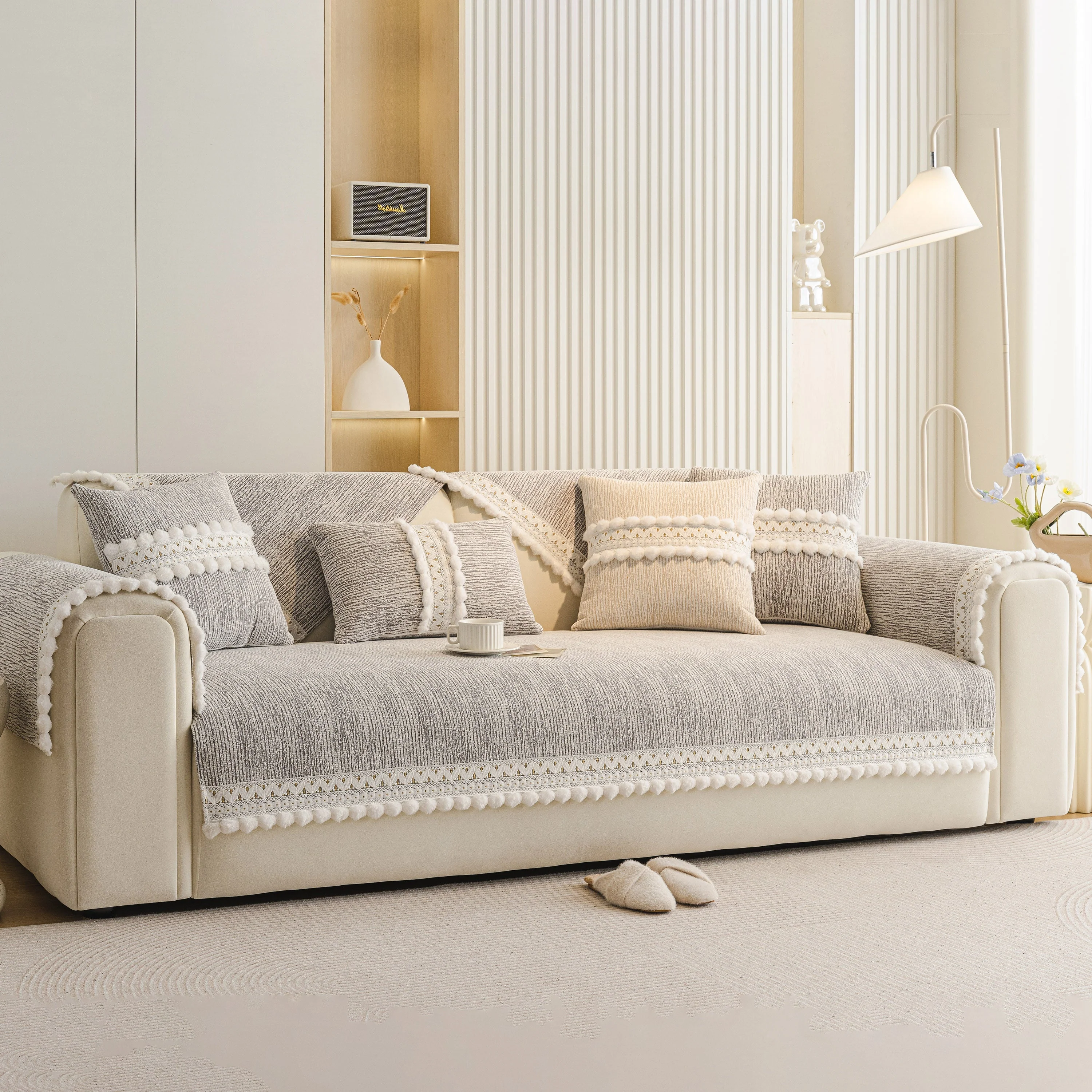 Soft Chenille Sectional Sofa Cover with Pom Pom Trim – Non-Slip Couch Protector - Image 56