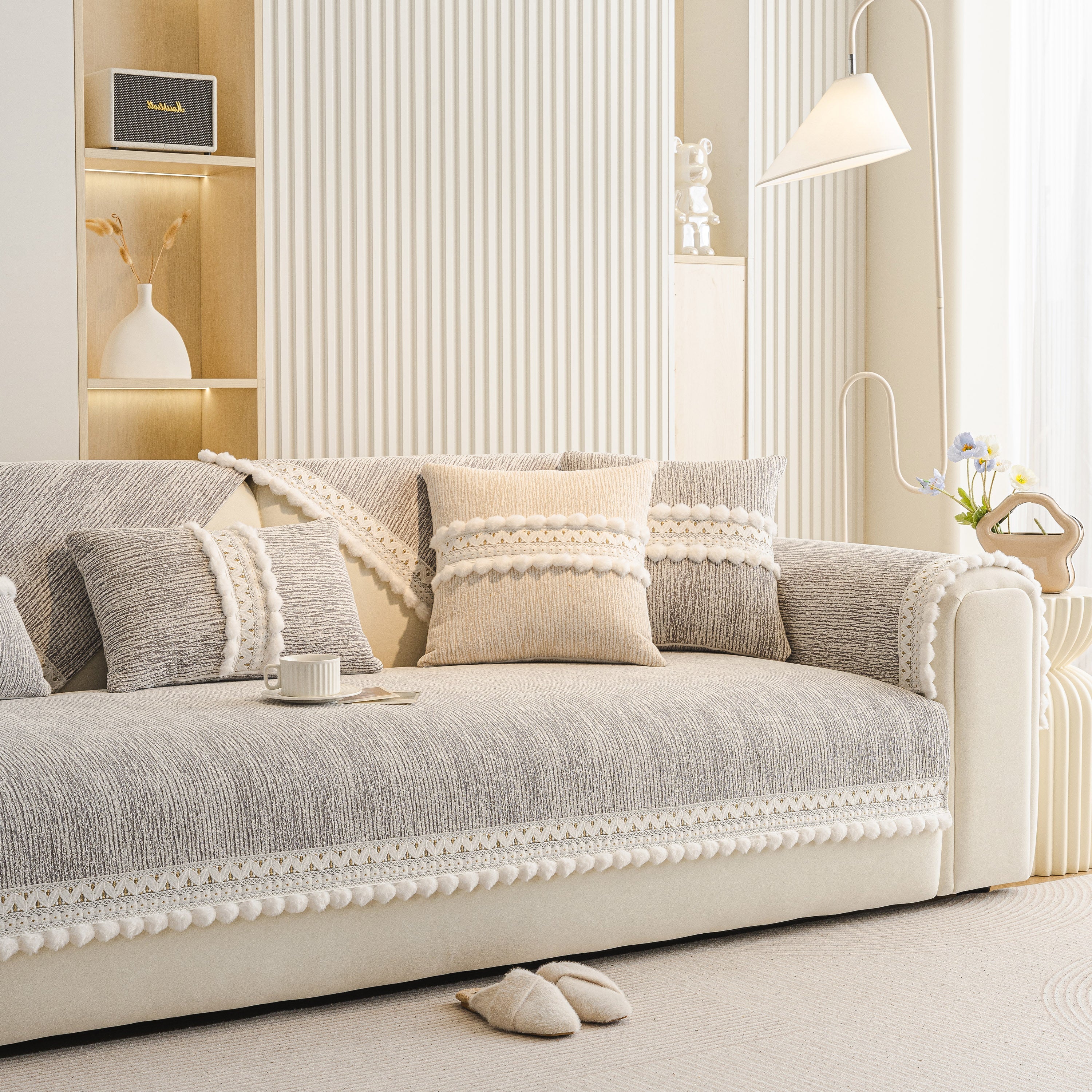 Soft Chenille Sectional Sofa Cover with Pom Pom Trim – Non-Slip Couch Protector - Image 57