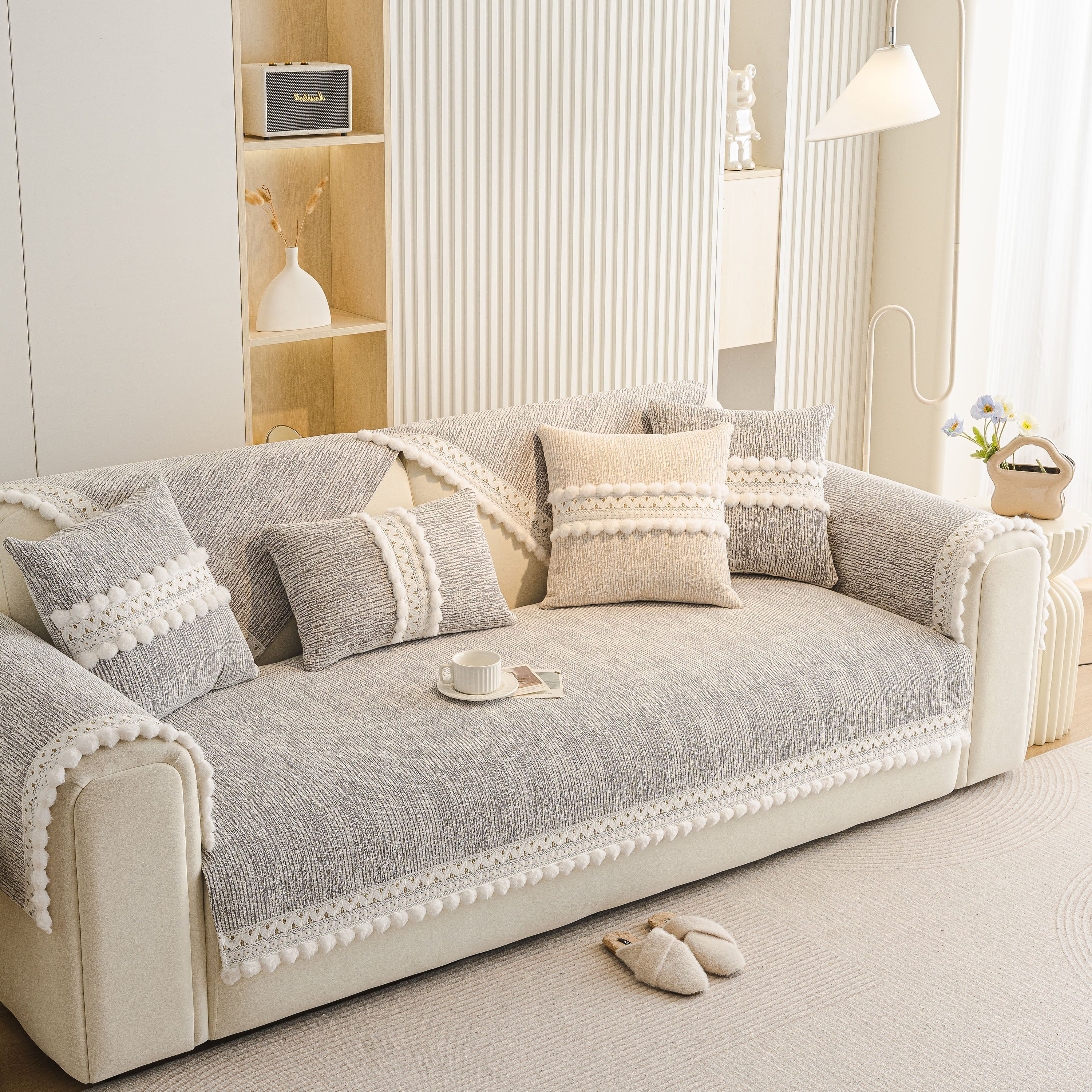 Soft Chenille Sectional Sofa Cover with Pom Pom Trim – Non-Slip Couch Protector - Image 58