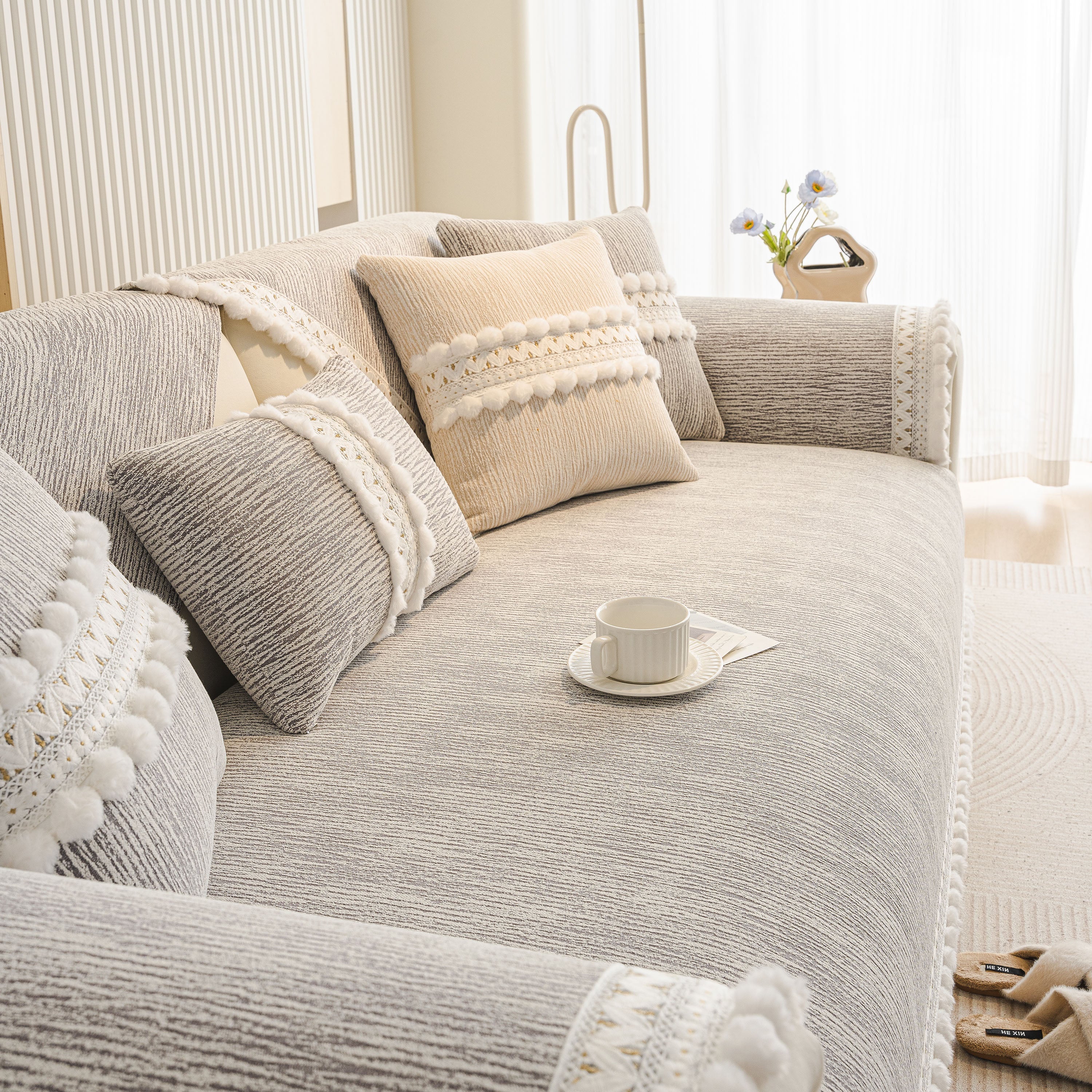 Soft Chenille Sectional Sofa Cover with Pom Pom Trim – Non-Slip Couch Protector - Image 59