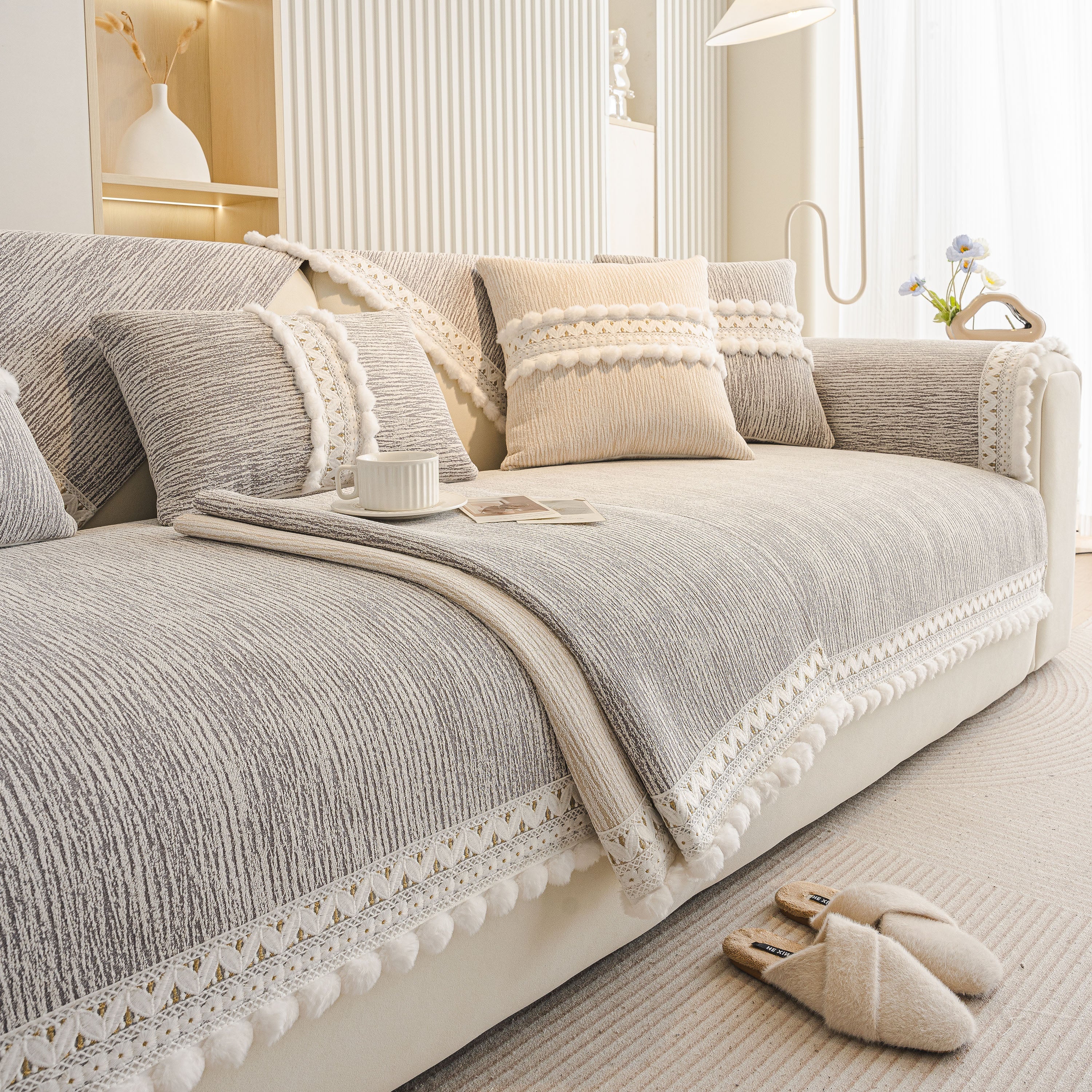 Soft Chenille Sectional Sofa Cover with Pom Pom Trim – Non-Slip Couch Protector - Image 60