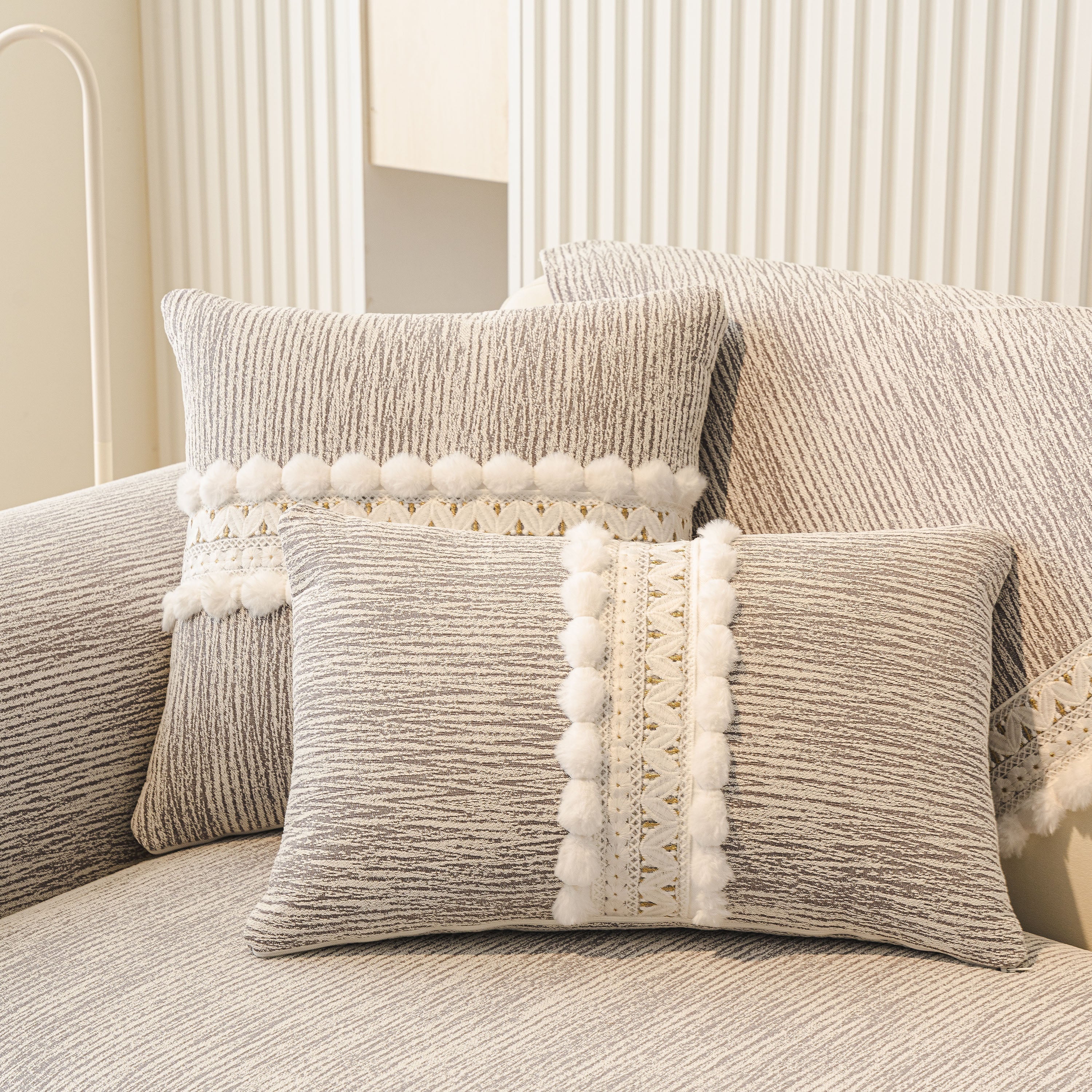 Soft Chenille Sectional Sofa Cover with Pom Pom Trim – Non-Slip Couch Protector - Image 62