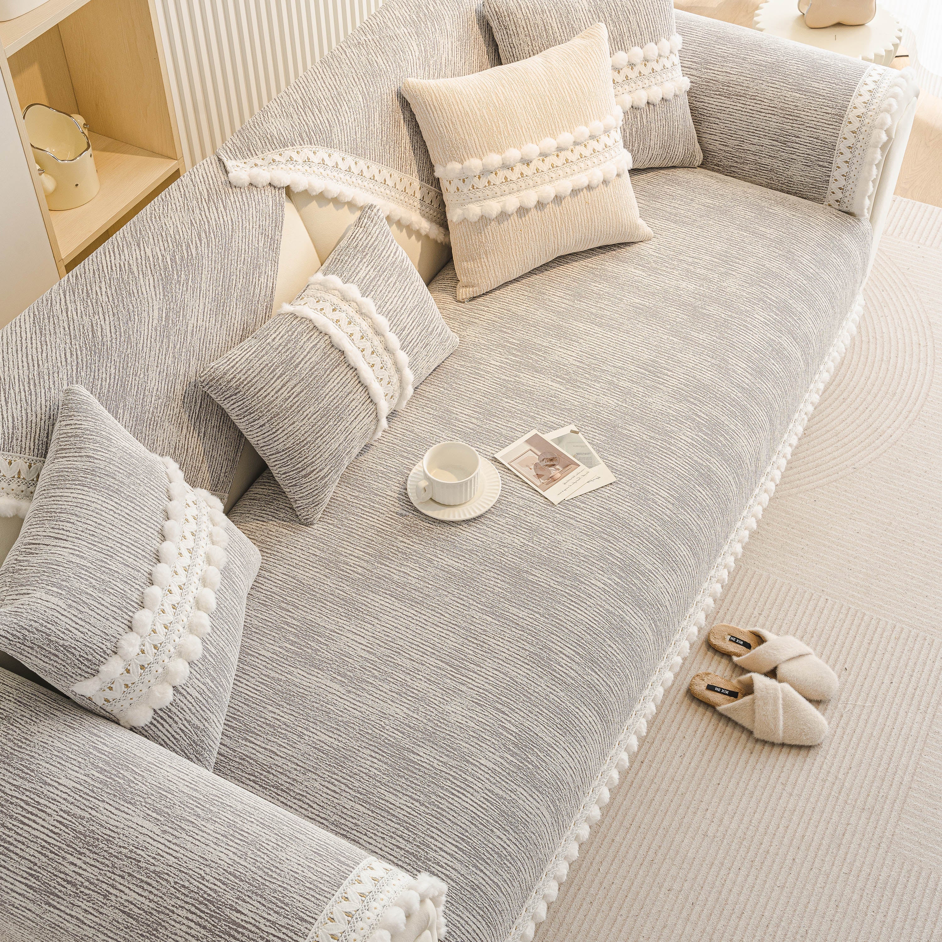 Soft Chenille Sectional Sofa Cover with Pom Pom Trim – Non-Slip Couch Protector - Image 66