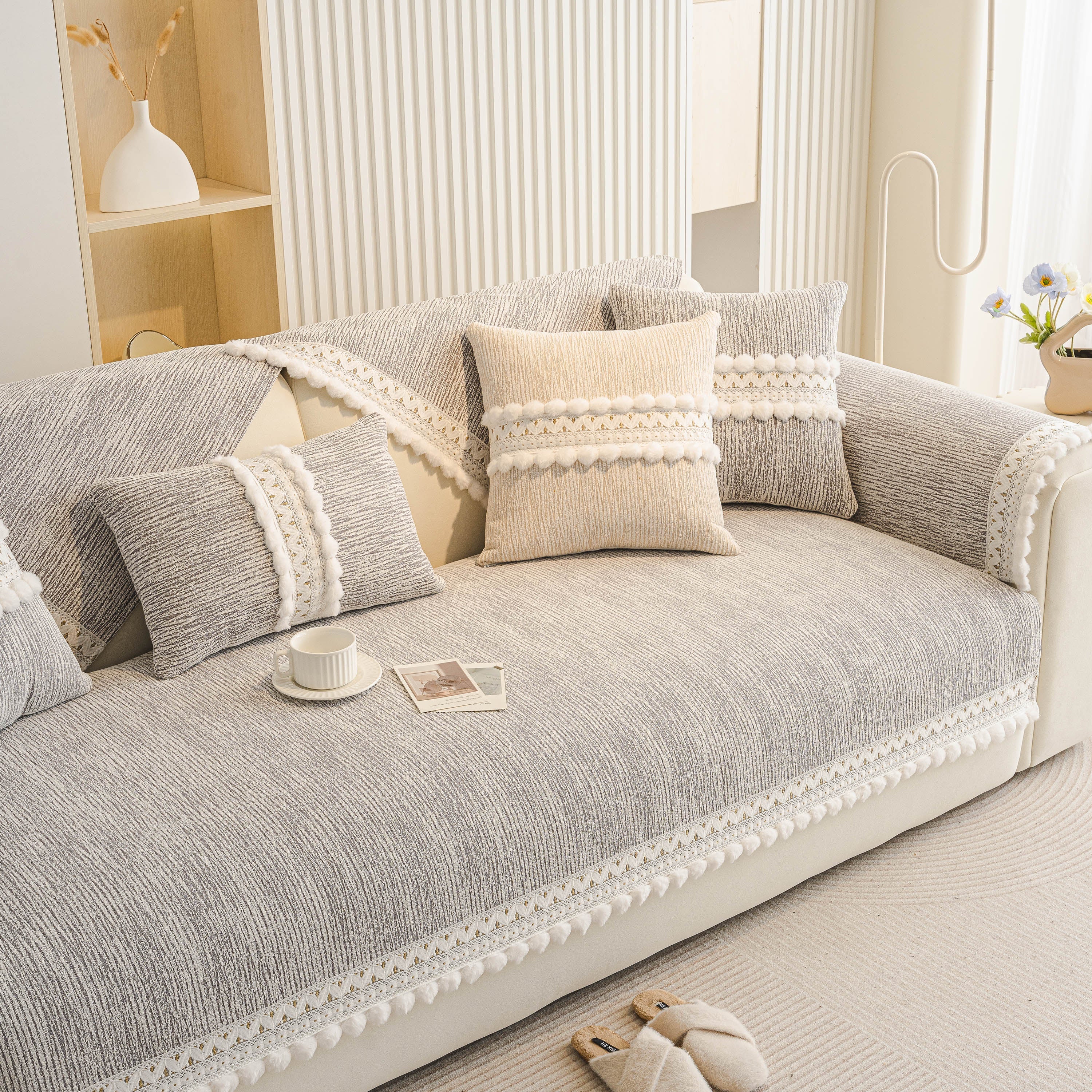 Soft Chenille Sectional Sofa Cover with Pom Pom Trim – Non-Slip Couch Protector - Image 67