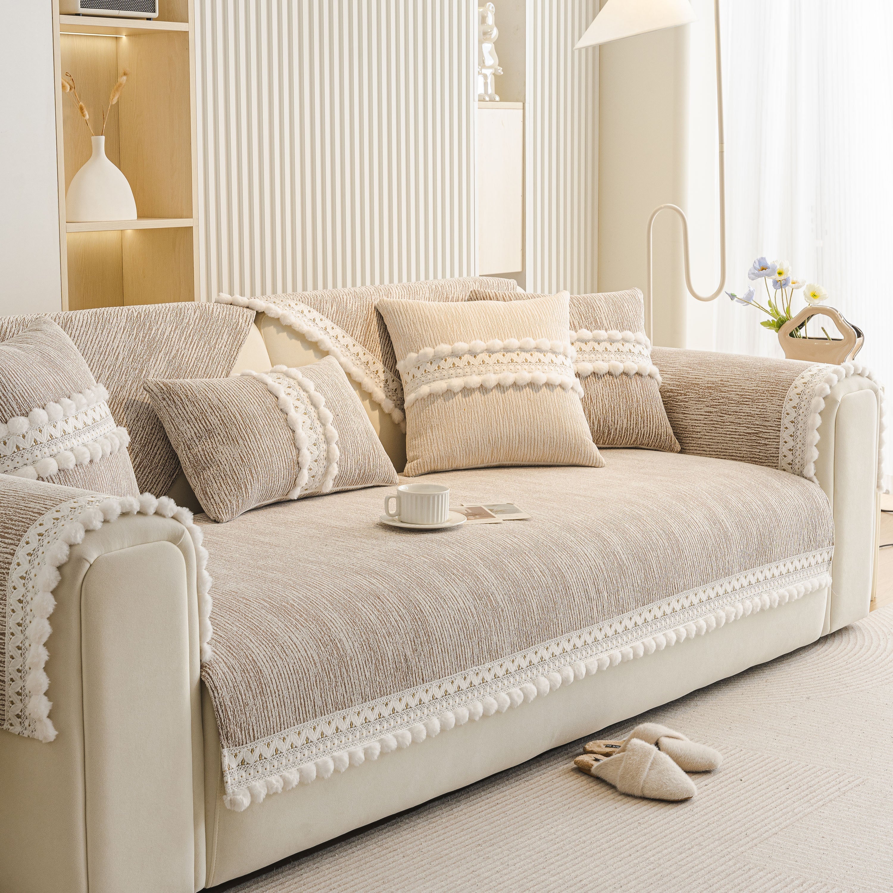 Soft Chenille Sectional Sofa Cover with Pom Pom Trim – Non-Slip Couch Protector - Image 69