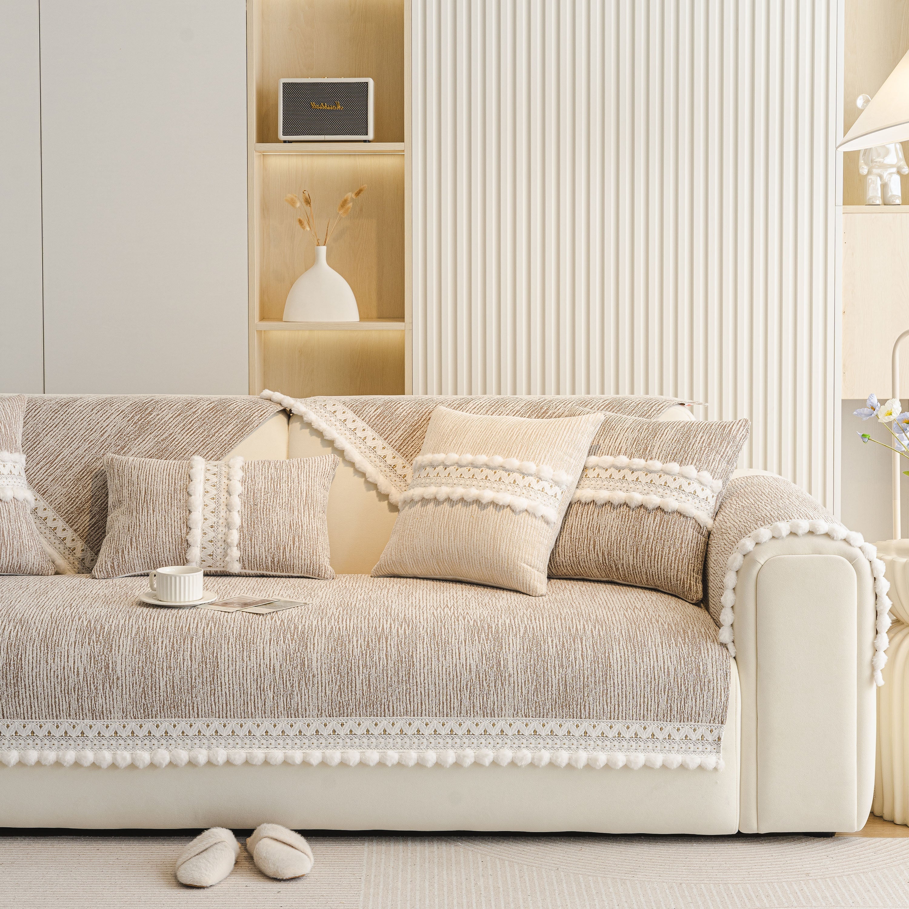 Soft Chenille Sectional Sofa Cover with Pom Pom Trim – Non-Slip Couch Protector - Image 74