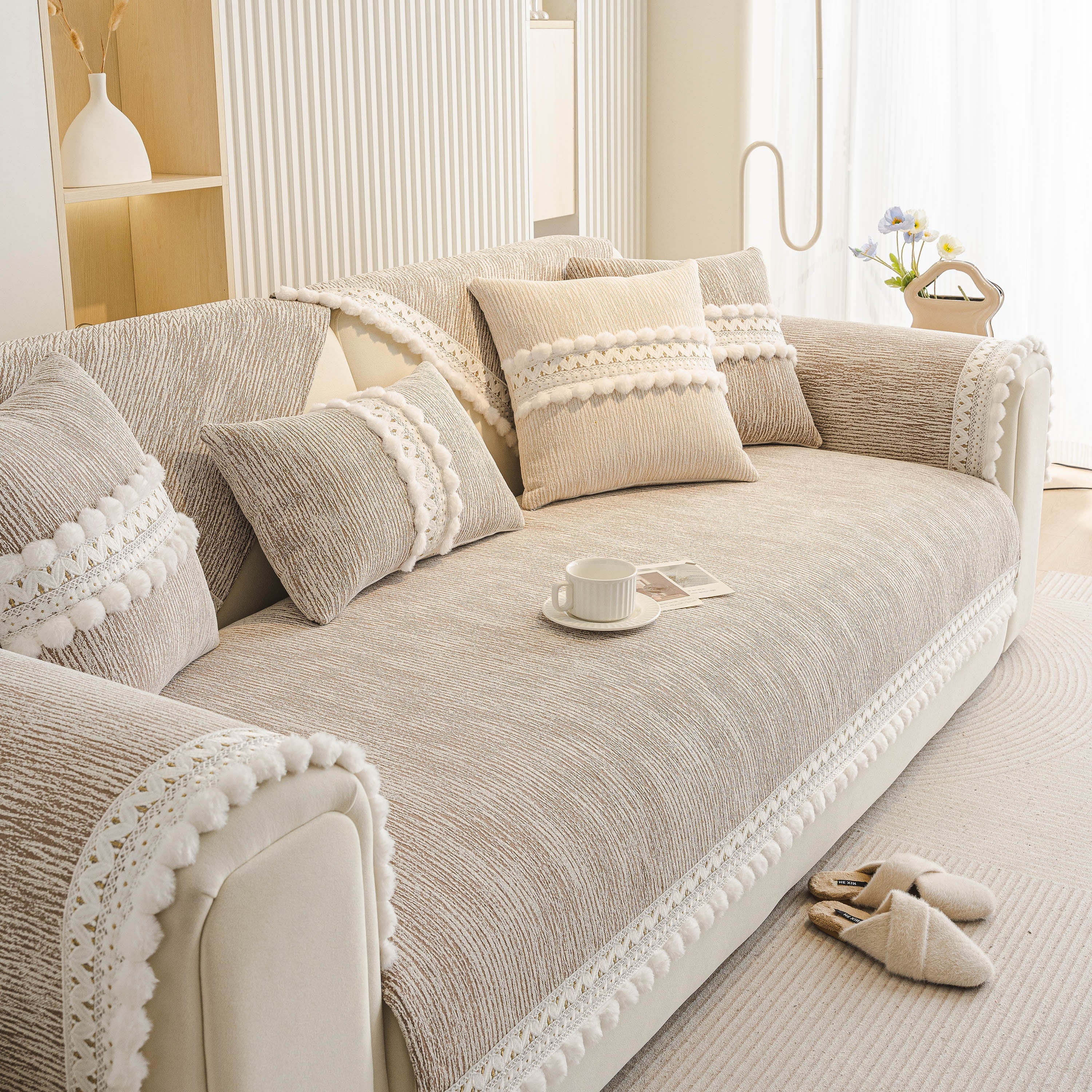 Soft Chenille Sectional Sofa Cover with Pom Pom Trim – Non-Slip Couch Protector - Image 75