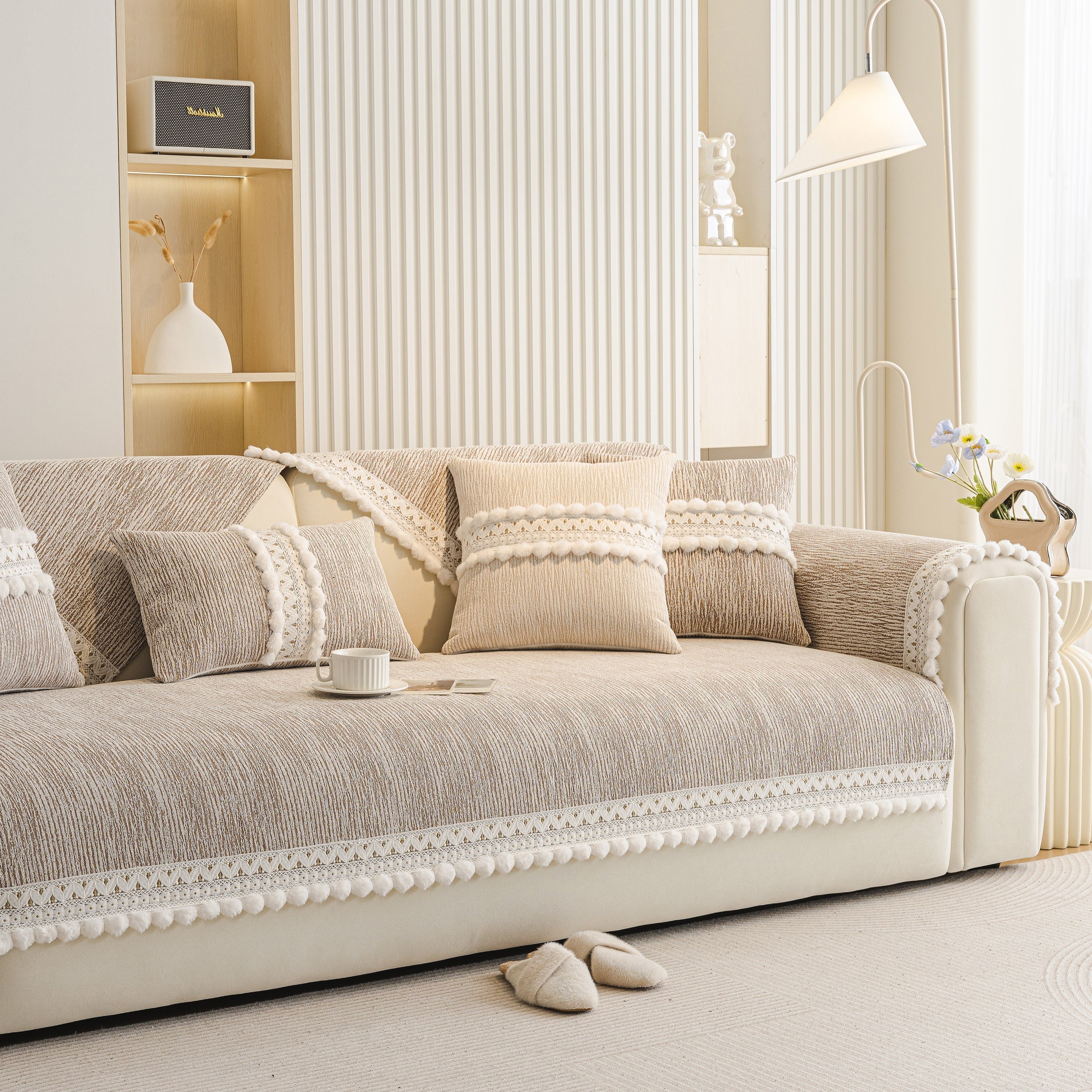 Soft Chenille Sectional Sofa Cover with Pom Pom Trim – Non-Slip Couch Protector - Image 76
