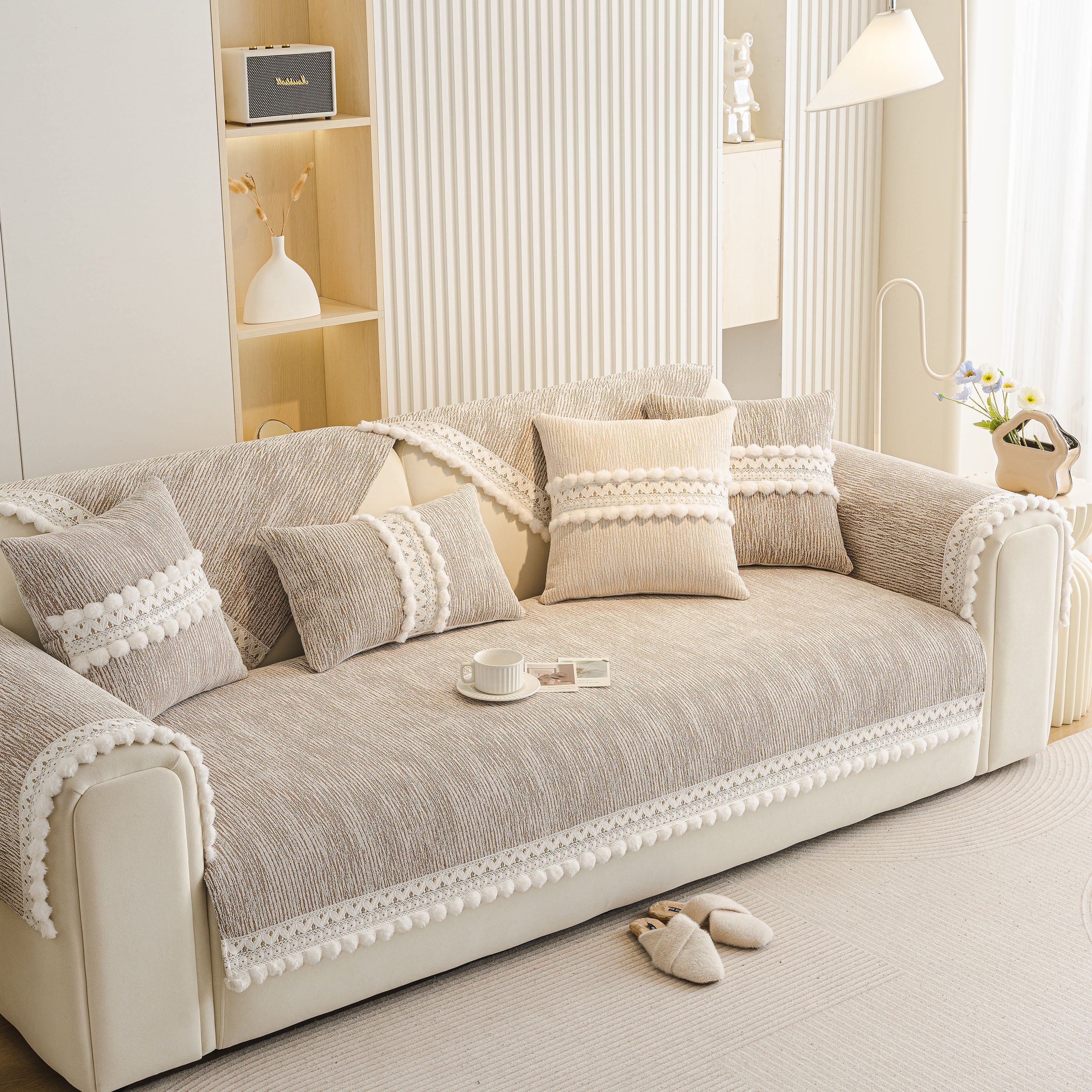 Soft Chenille Sectional Sofa Cover with Pom Pom Trim – Non-Slip Couch Protector - Image 77