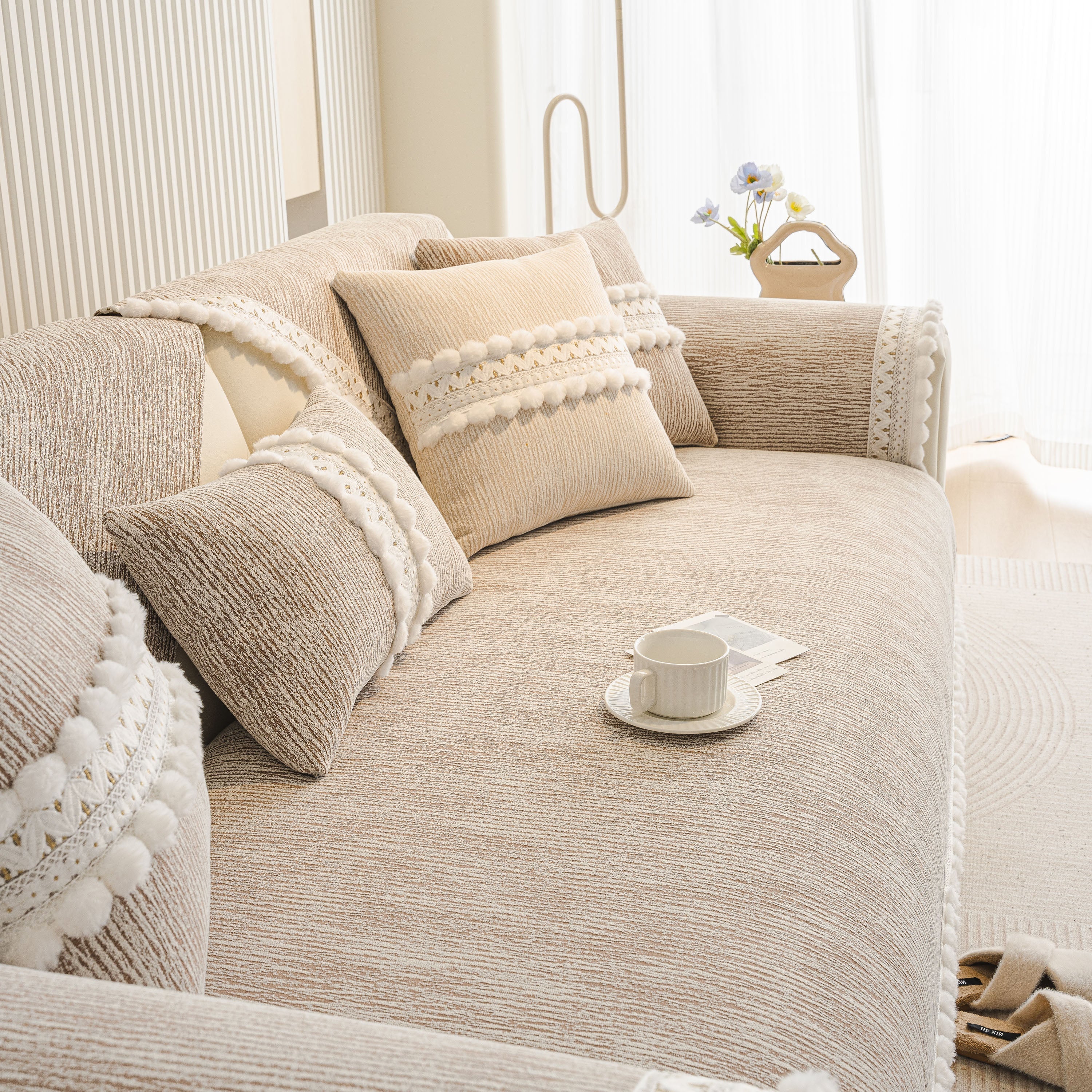 Soft Chenille Sectional Sofa Cover with Pom Pom Trim – Non-Slip Couch Protector - Image 78