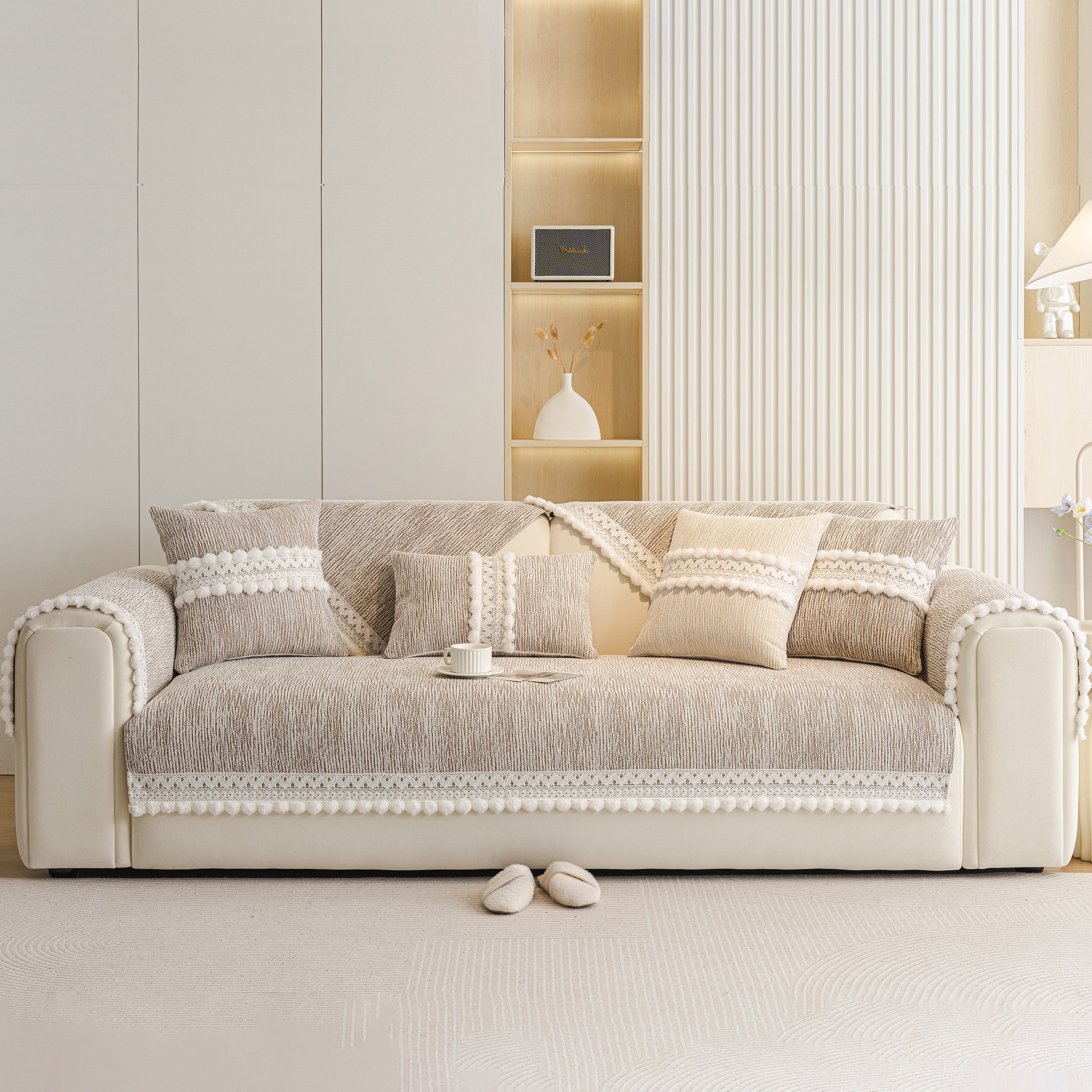 Soft Chenille Sectional Sofa Cover with Pom Pom Trim – Non-Slip Couch Protector - Image 79