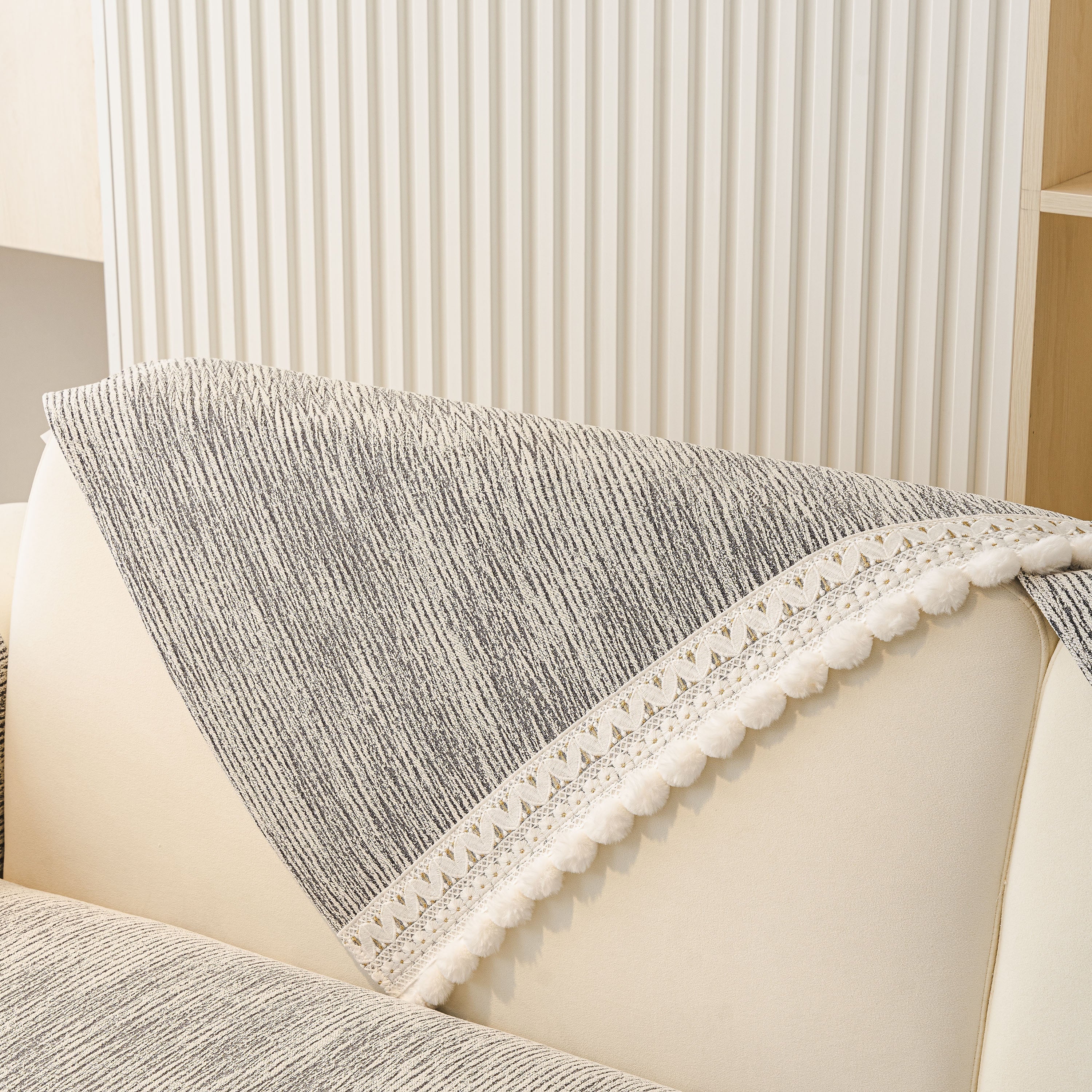 Soft Chenille Sectional Sofa Cover with Pom Pom Trim – Non-Slip Couch Protector - Image 8