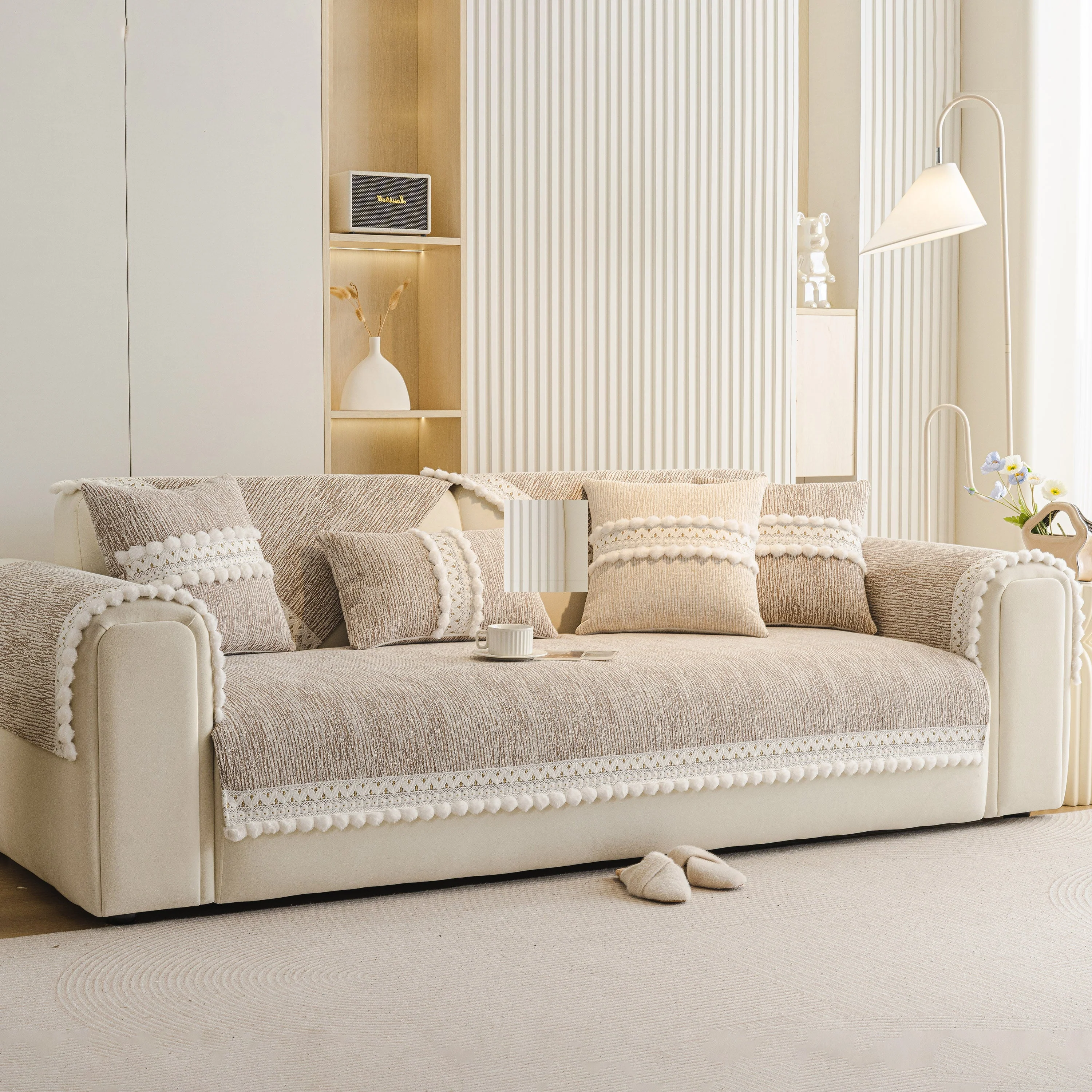 Soft Chenille Sectional Sofa Cover with Pom Pom Trim – Non-Slip Couch Protector - Image 80