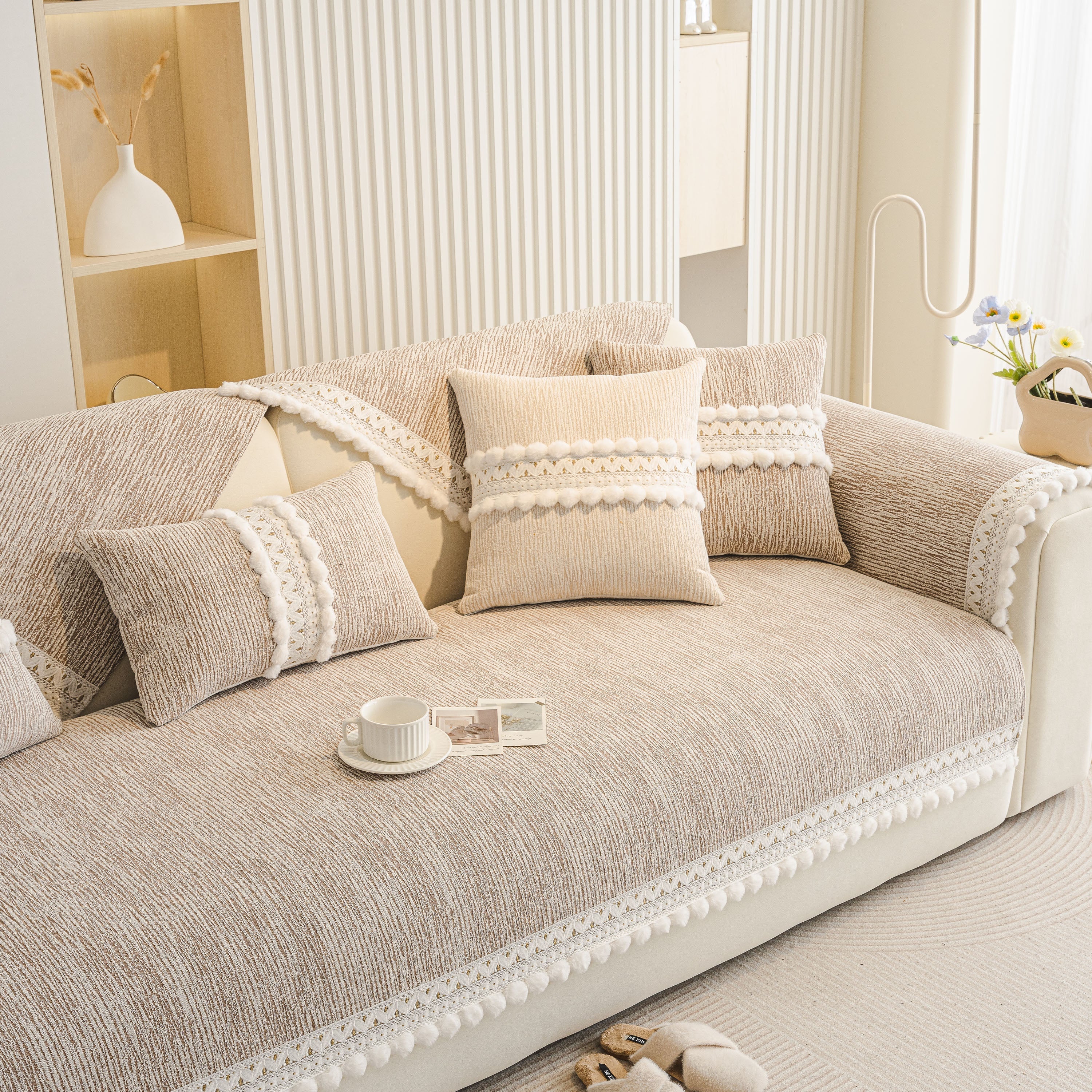 Soft Chenille Sectional Sofa Cover with Pom Pom Trim – Non-Slip Couch Protector - Image 81