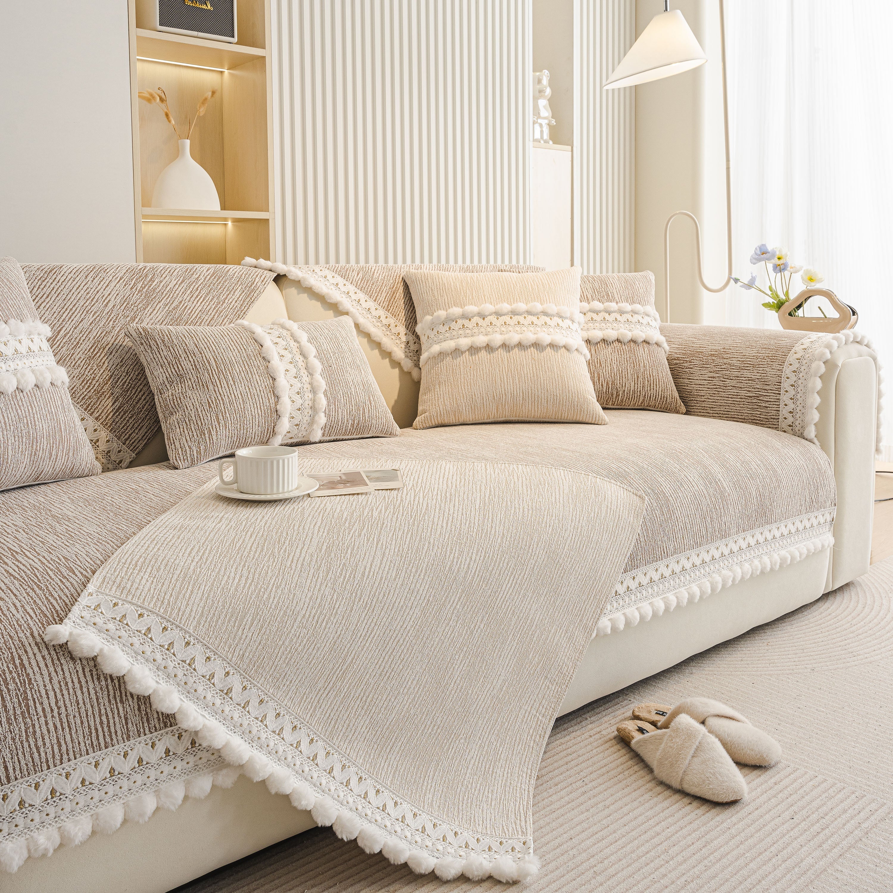 Soft Chenille Sectional Sofa Cover with Pom Pom Trim – Non-Slip Couch Protector - Image 82