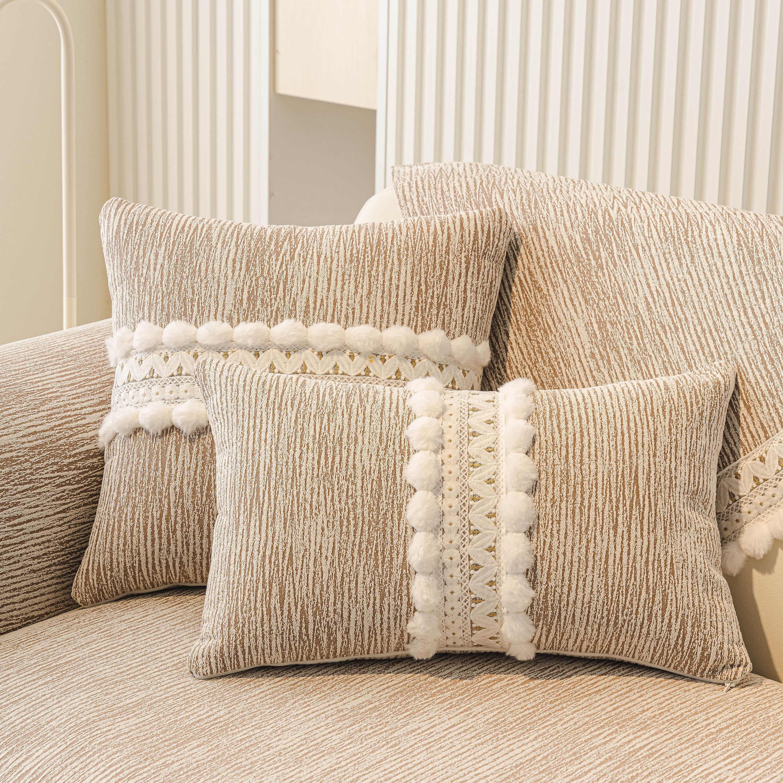 Soft Chenille Sectional Sofa Cover with Pom Pom Trim – Non-Slip Couch Protector - Image 86