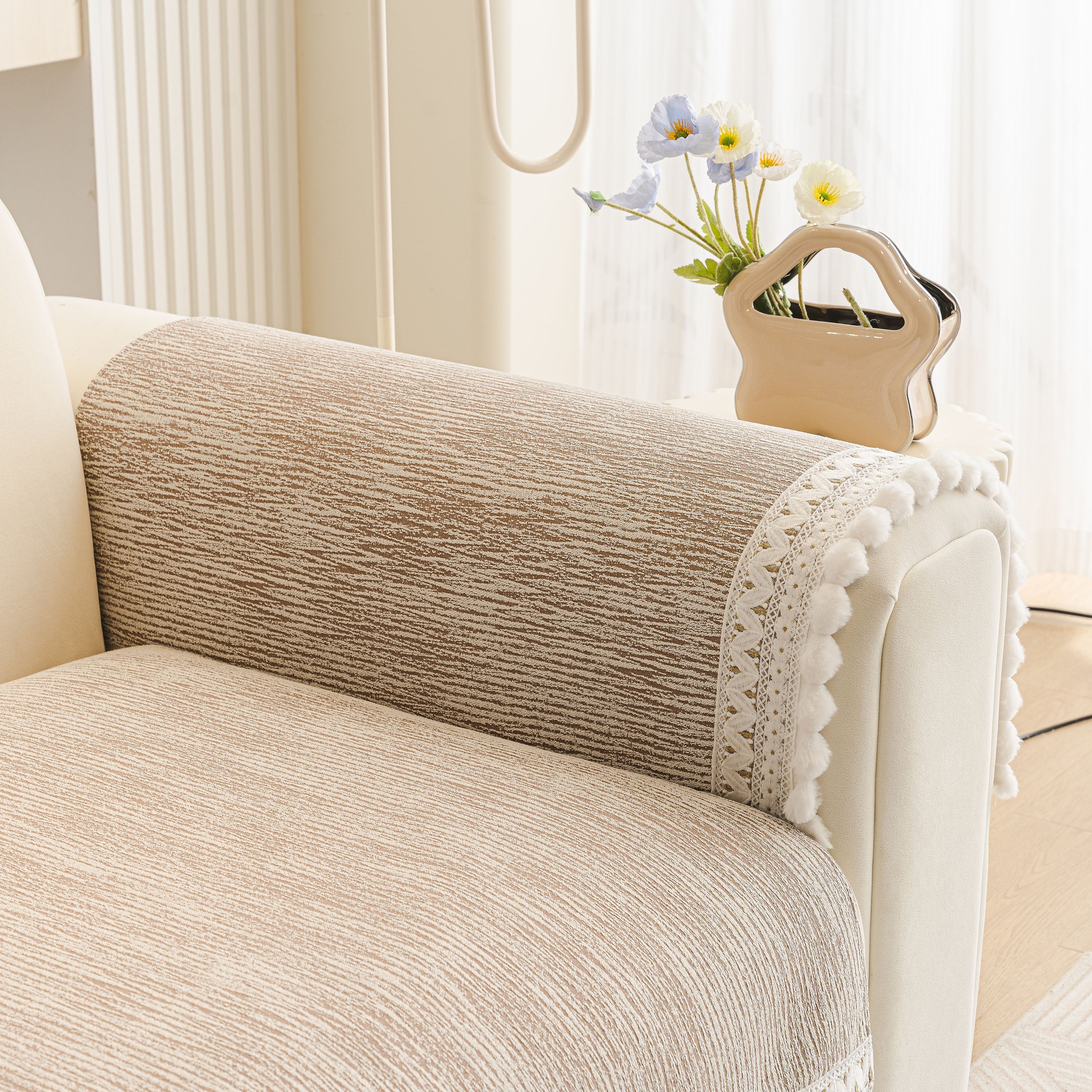 Soft Chenille Sectional Sofa Cover with Pom Pom Trim – Non-Slip Couch Protector - Image 88