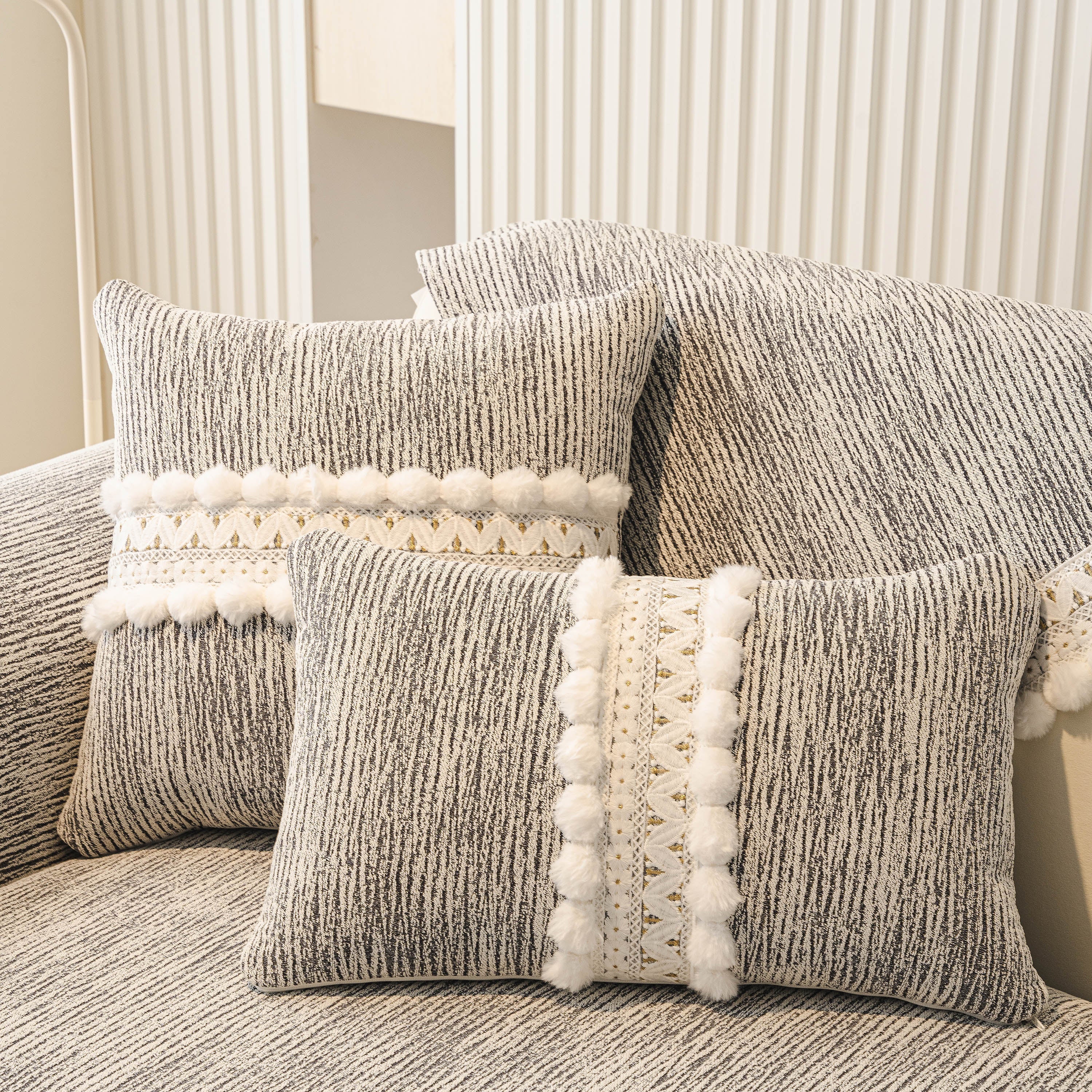 Soft Chenille Sectional Sofa Cover with Pom Pom Trim – Non-Slip Couch Protector - Image 9