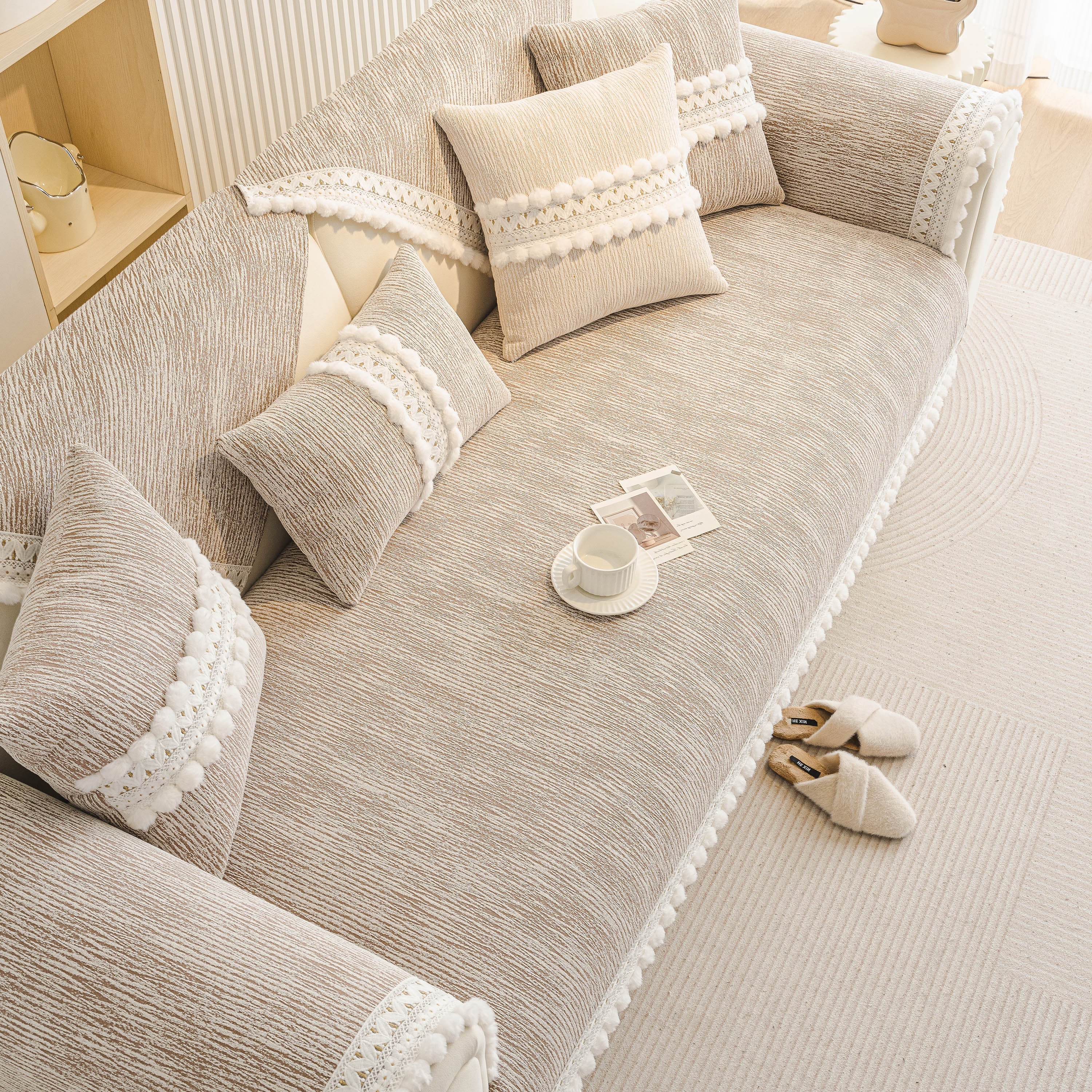 Soft Chenille Sectional Sofa Cover with Pom Pom Trim – Non-Slip Couch Protector - Image 92