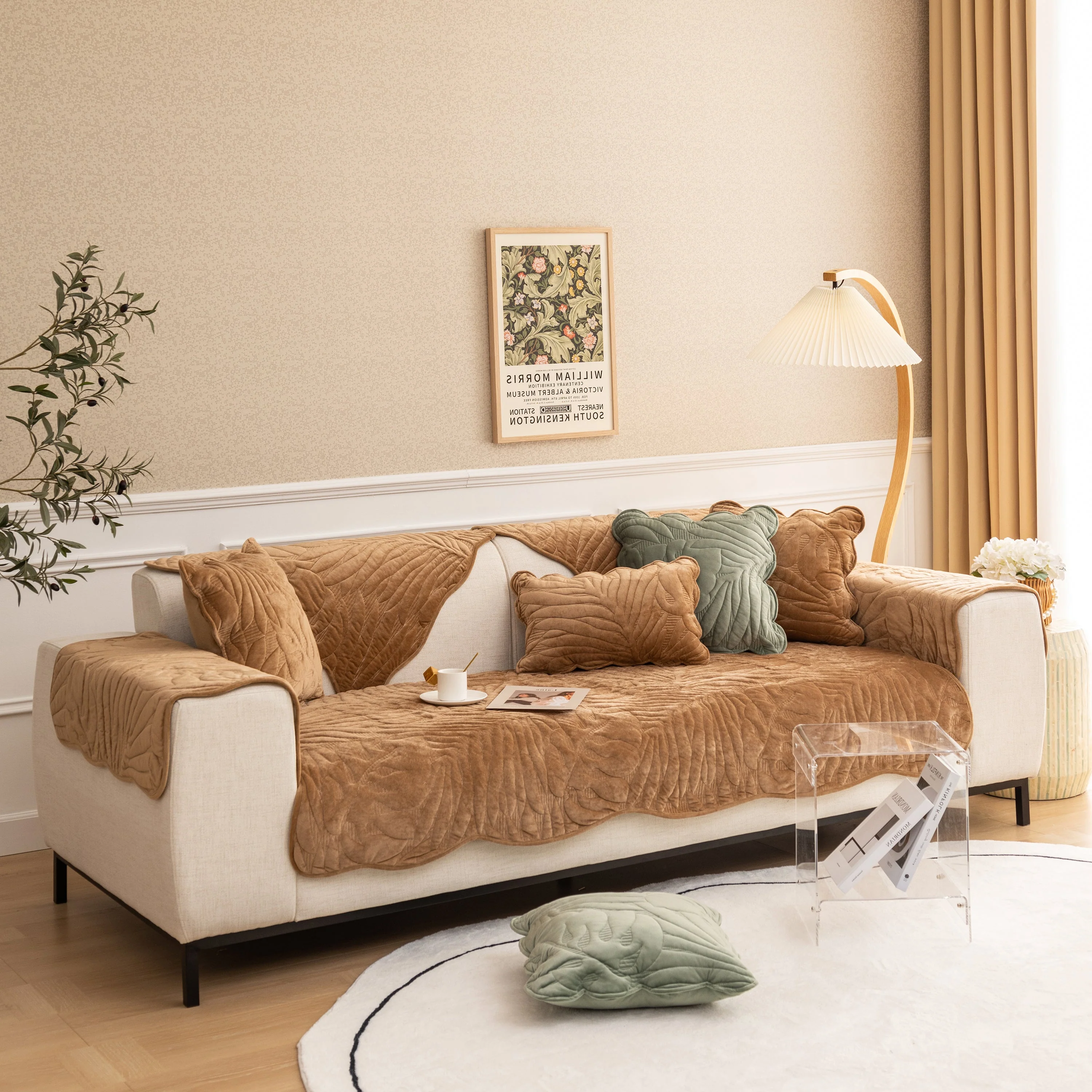 Soft Furry Velvet Plush Non-Slip Sofa Cover Quilted Palm Leaves Sectional Couch Cover for Kids and Pets - Image 15