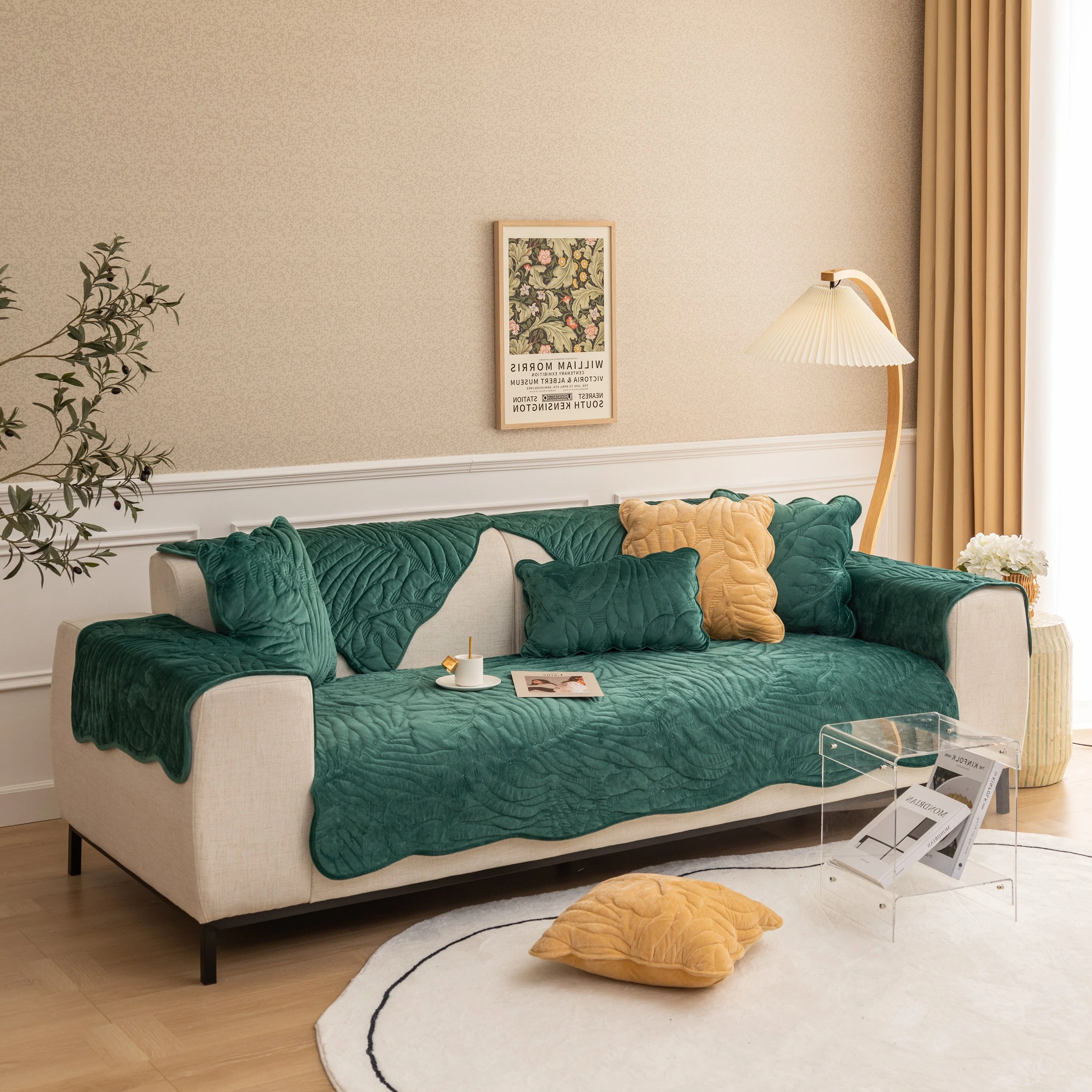 Soft Furry Velvet Plush Non-Slip Sofa Cover Quilted Palm Leaves Sectional Couch Cover for Kids and Pets - Image 16