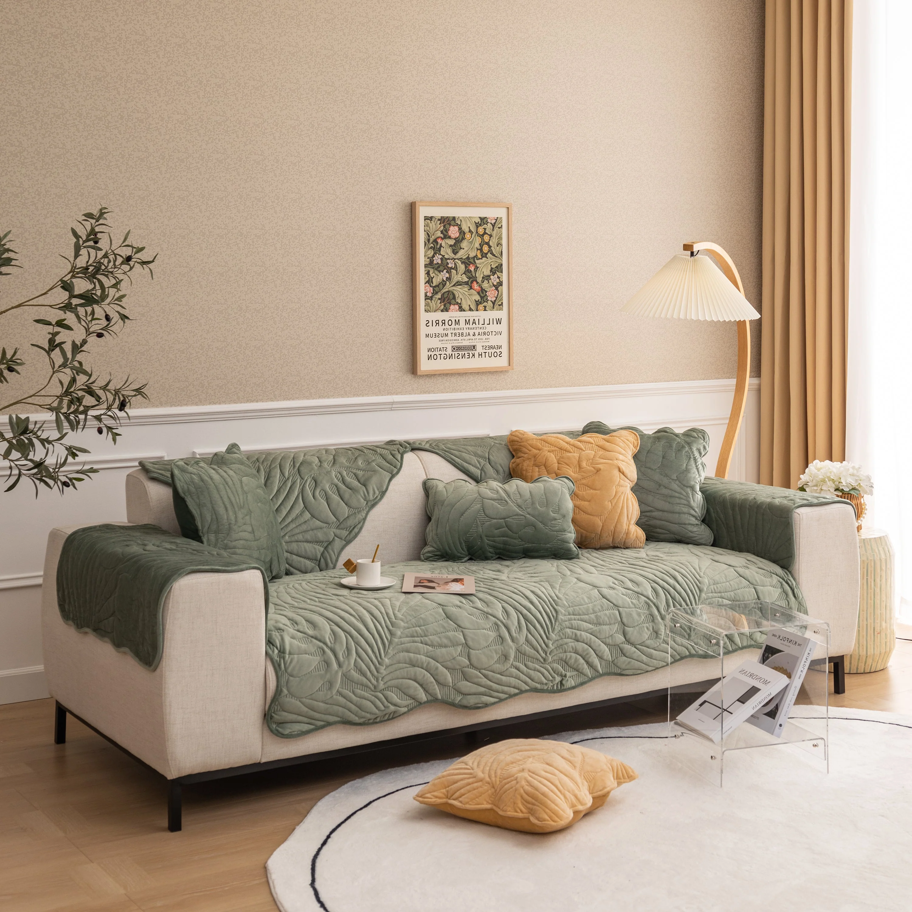 Soft Furry Velvet Plush Non-Slip Sofa Cover Quilted Palm Leaves Sectional Couch Cover for Kids and Pets - Image 17
