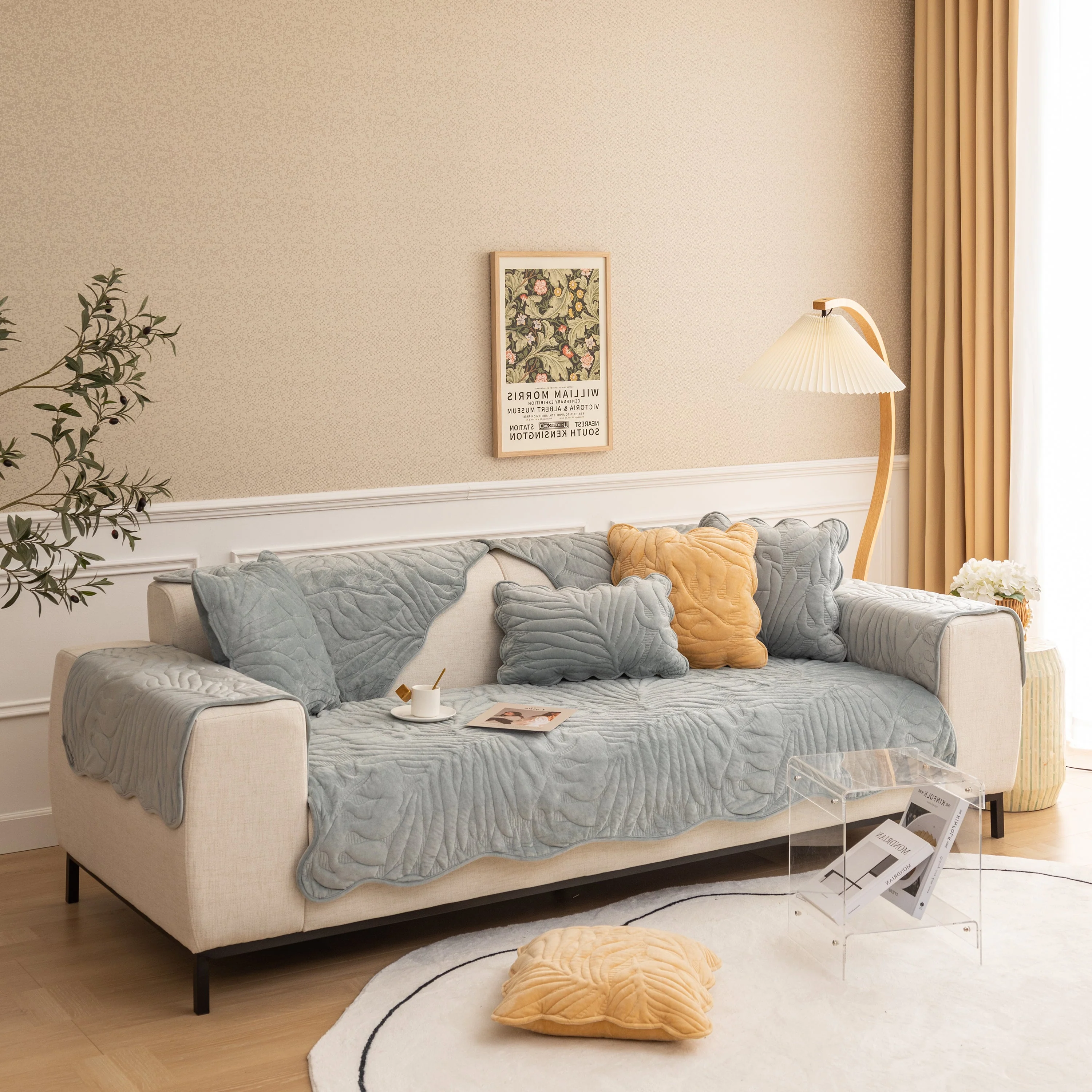 Soft Furry Velvet Plush Non-Slip Sofa Cover Quilted Palm Leaves Sectional Couch Cover for Kids and Pets - Image 18