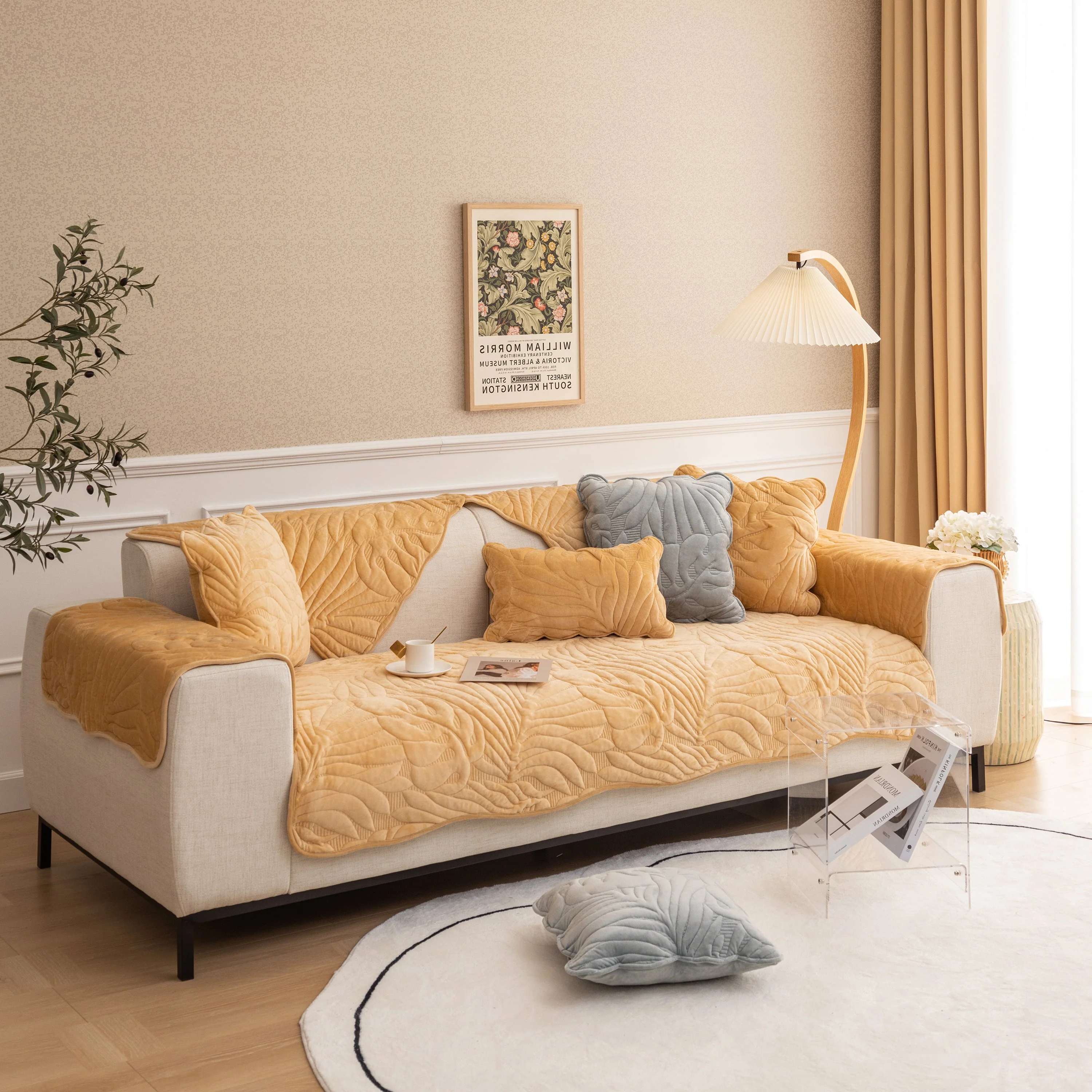 Soft Furry Velvet Plush Non-Slip Sofa Cover Quilted Palm Leaves Sectional Couch Cover for Kids and Pets - Image 19