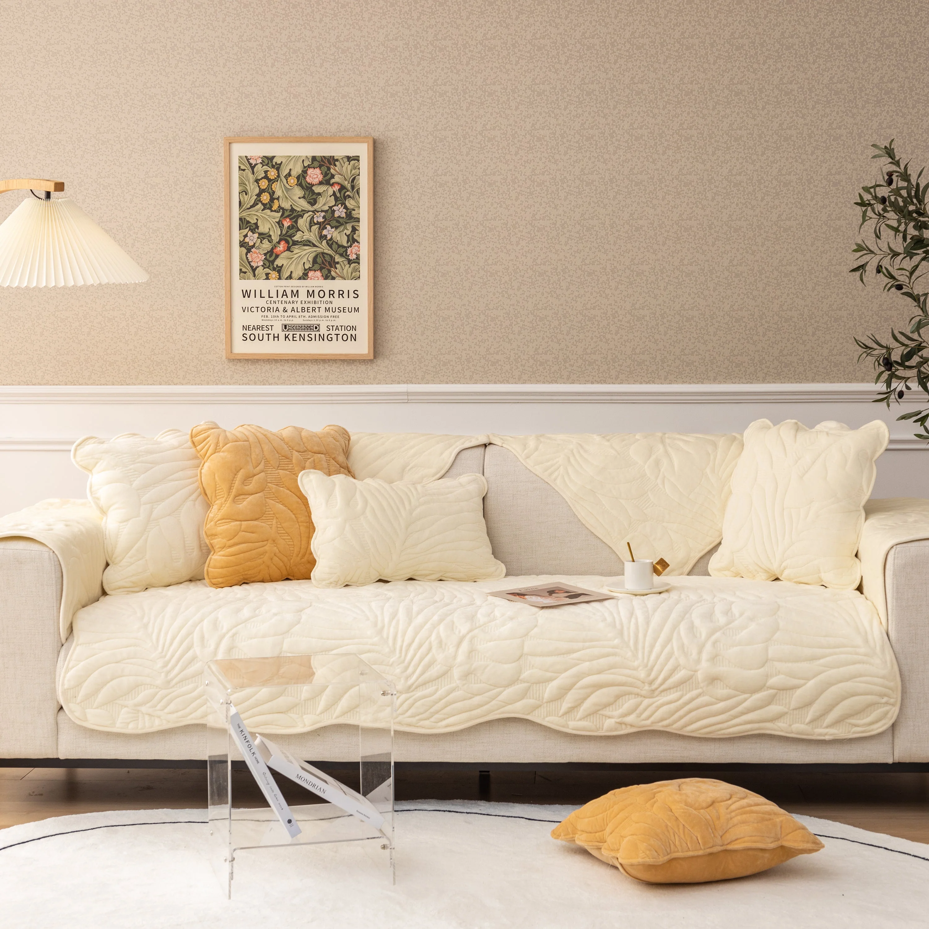 Soft Furry Velvet Plush Non-Slip Sofa Cover Quilted Palm Leaves Sectional Couch Cover for Kids and Pets - Image 3