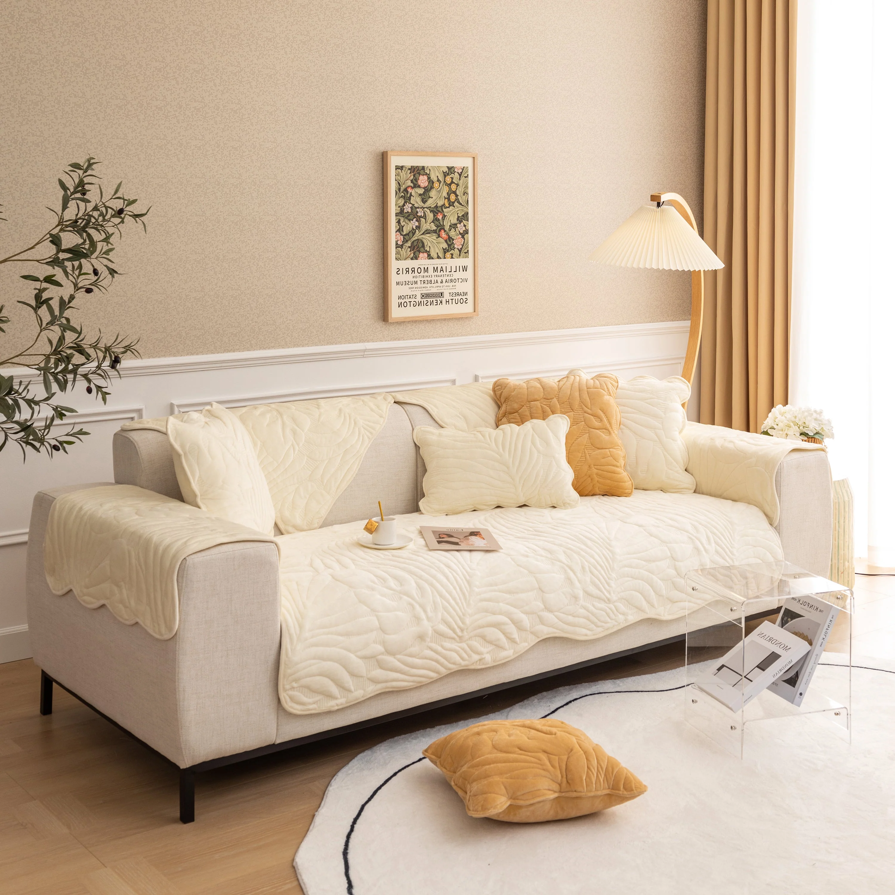 Soft Furry Velvet Plush Non-Slip Sofa Cover Quilted Palm Leaves Sectional Couch Cover for Kids and Pets - Image 5