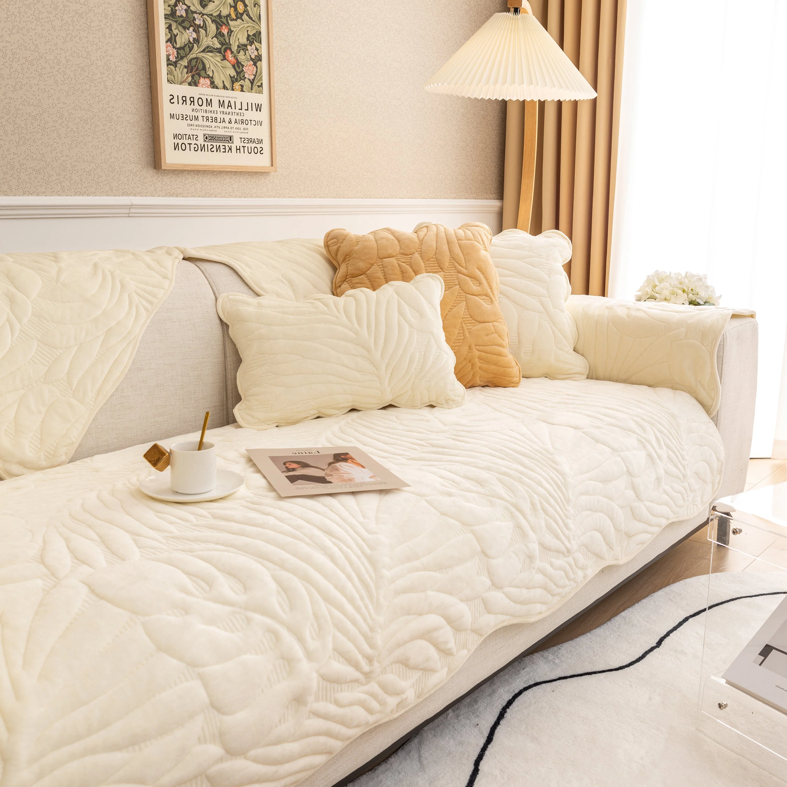 Soft Furry Velvet Plush Non-Slip Sofa Cover Quilted Palm Leaves Sectional Couch Cover for Kids and Pets - Image 8