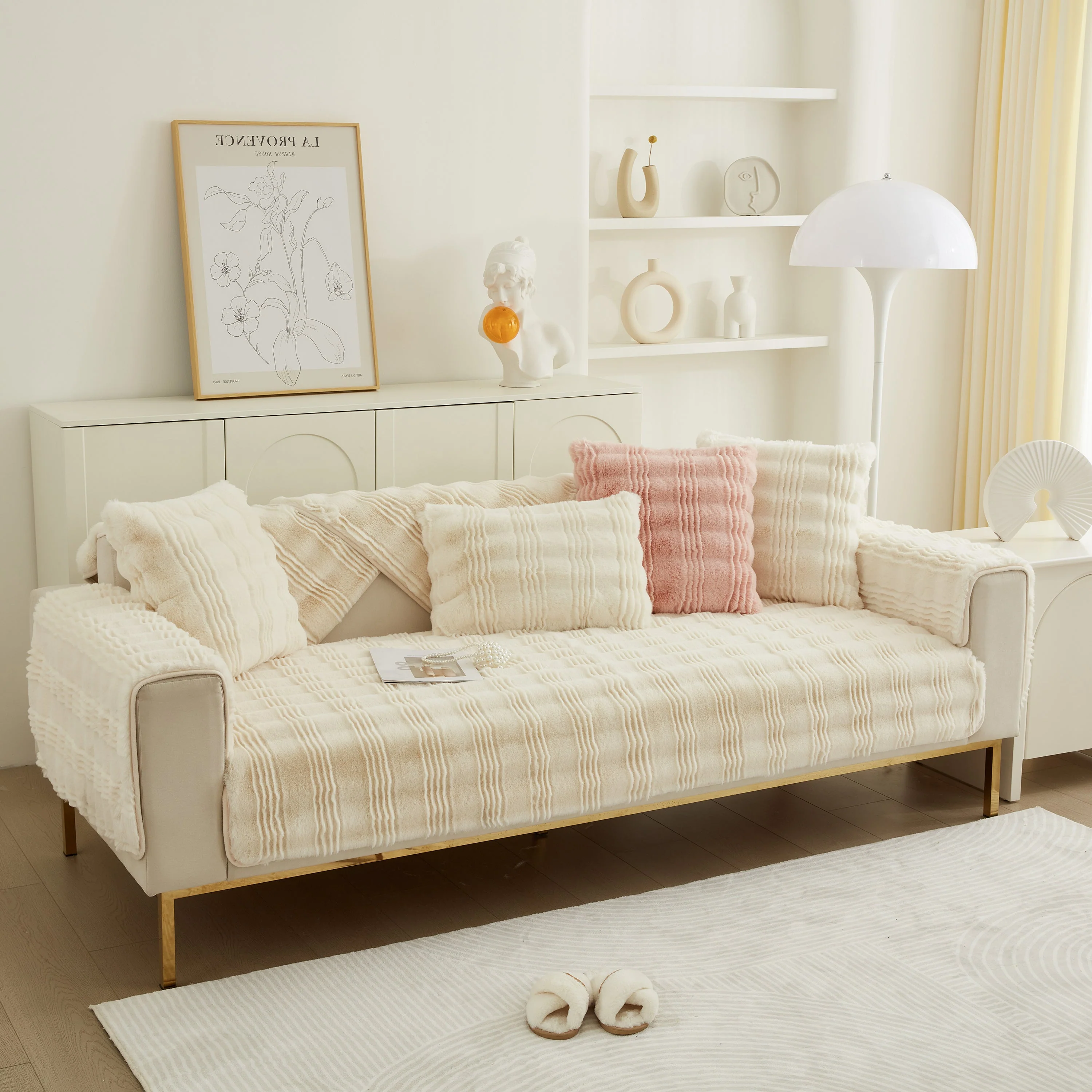Soft Thick Faux Fur Sofa Cover Stripe Fluffy Fuzzy Non-Slip Washable Couch Covers - Image 12