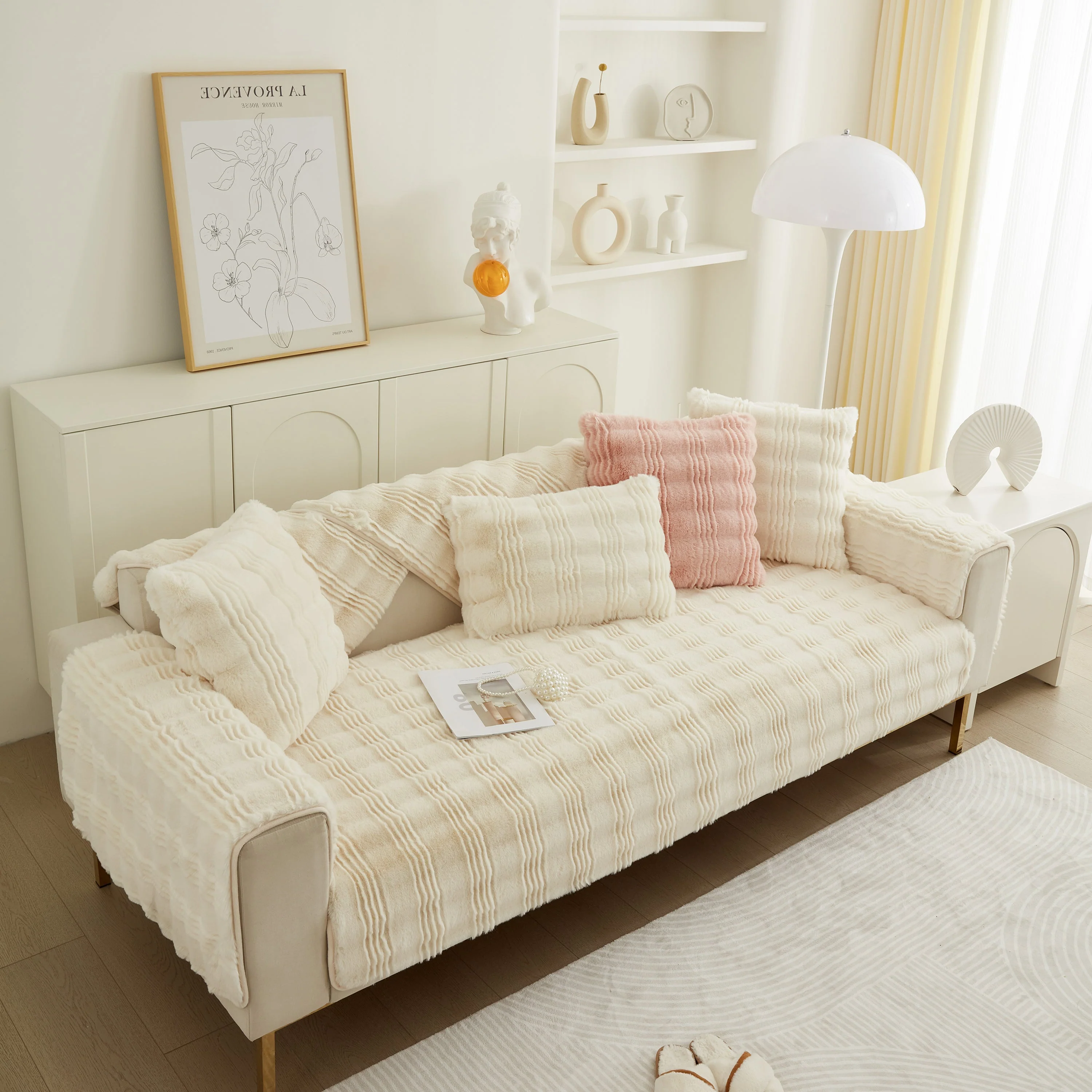 Soft Thick Faux Fur Sofa Cover Stripe Fluffy Fuzzy Non-Slip Washable Couch Covers - Image 14