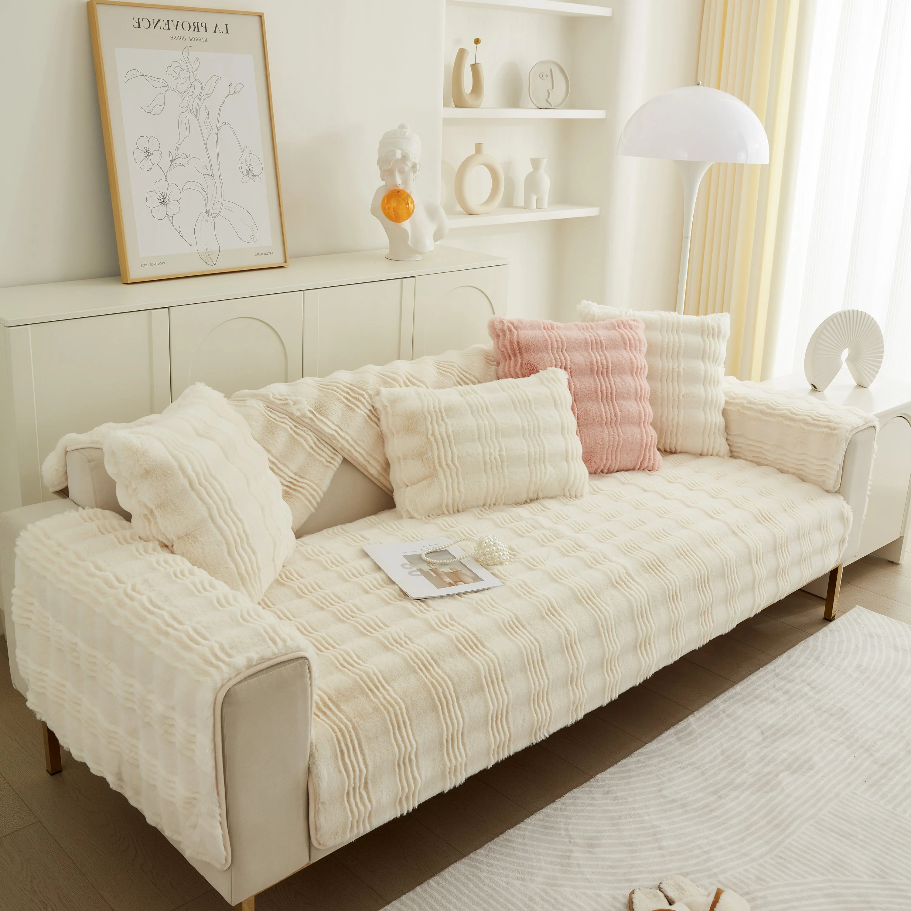 Soft Thick Faux Fur Sofa Cover Stripe Fluffy Fuzzy Non-Slip Washable Couch Covers - Image 15