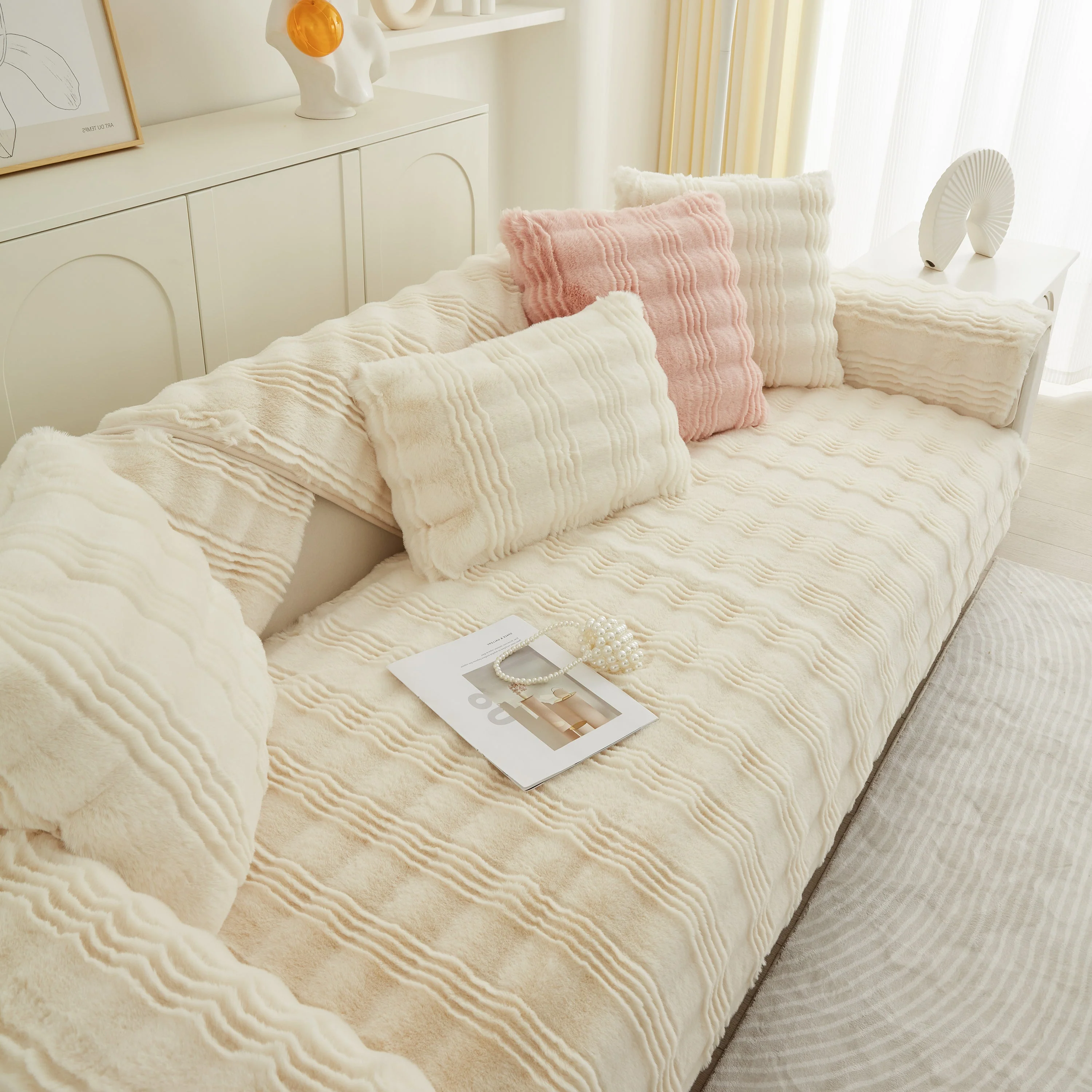Soft Thick Faux Fur Sofa Cover Stripe Fluffy Fuzzy Non-Slip Washable Couch Covers - Image 16