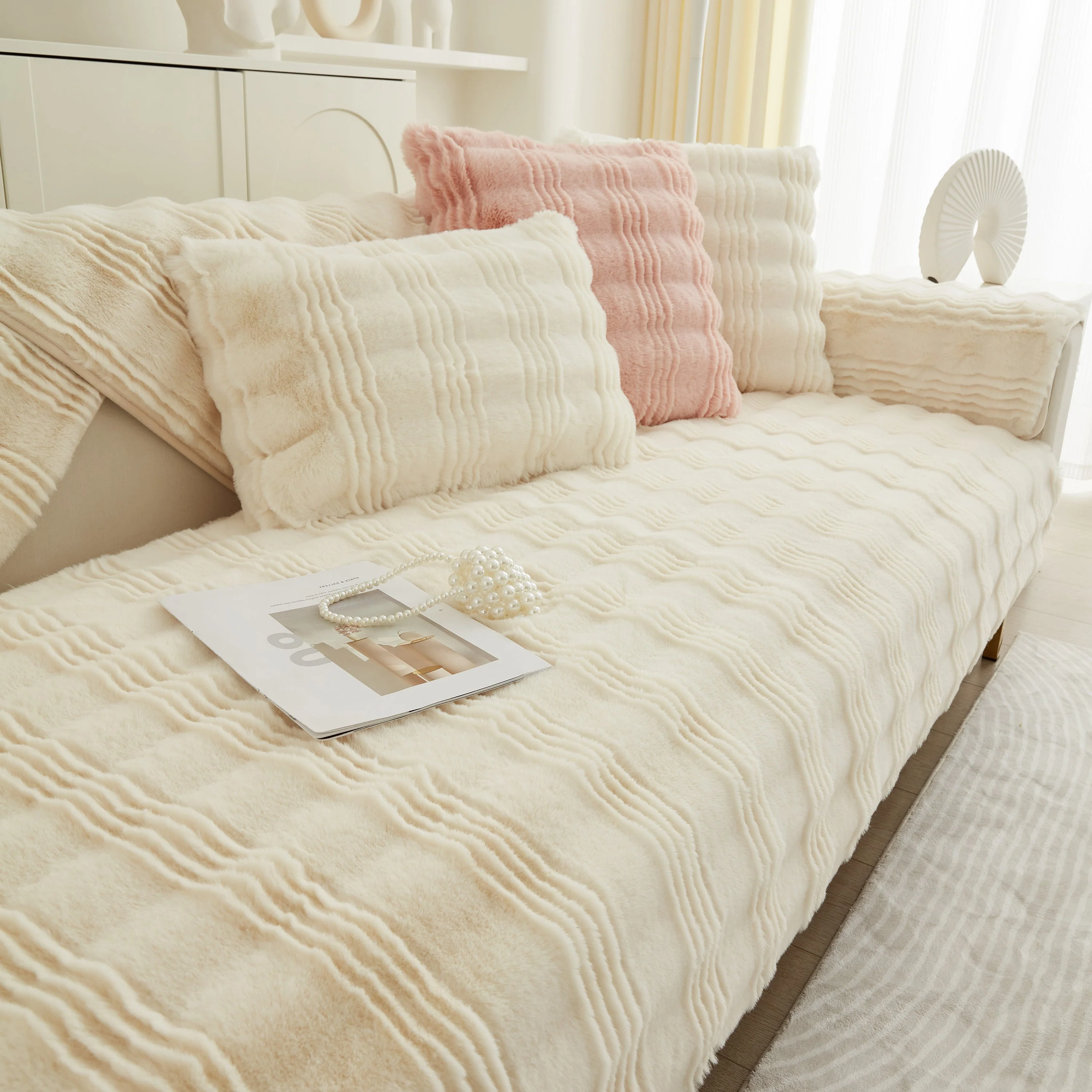 Soft Thick Faux Fur Sofa Cover Stripe Fluffy Fuzzy Non-Slip Washable Couch Covers - Image 17