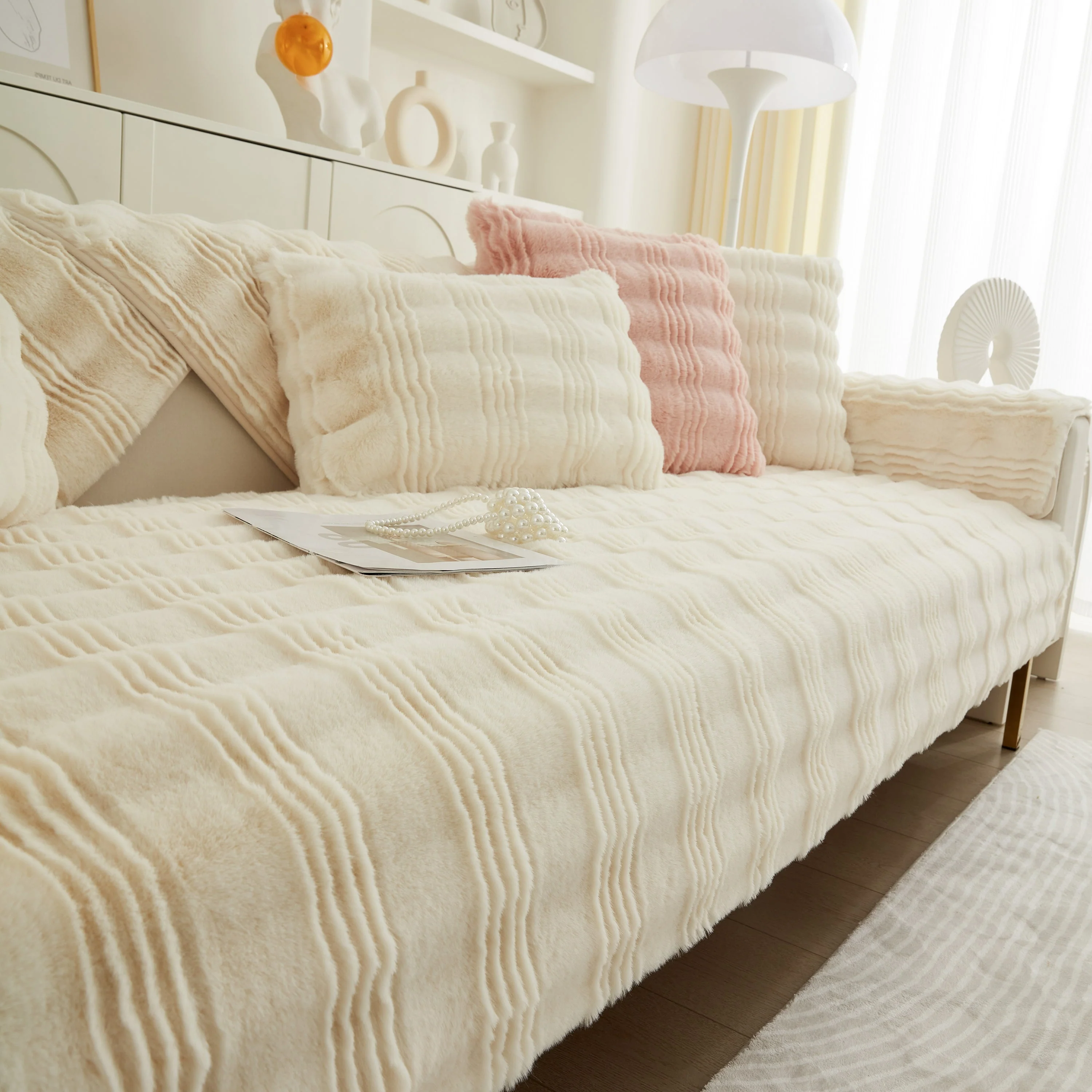 Soft Thick Faux Fur Sofa Cover Stripe Fluffy Fuzzy Non-Slip Washable Couch Covers - Image 18