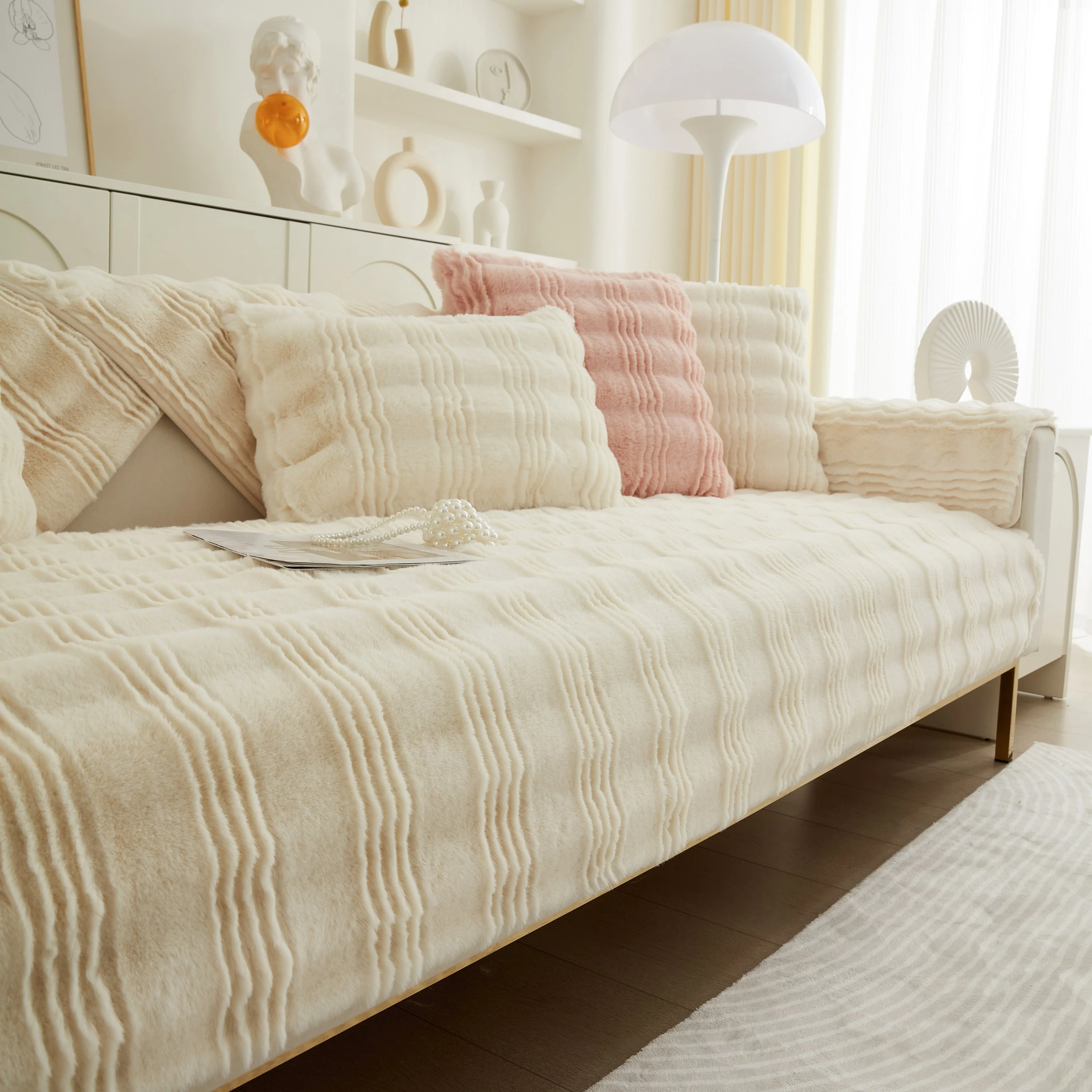 Soft Thick Faux Fur Sofa Cover Stripe Fluffy Fuzzy Non-Slip Washable Couch Covers - Image 19
