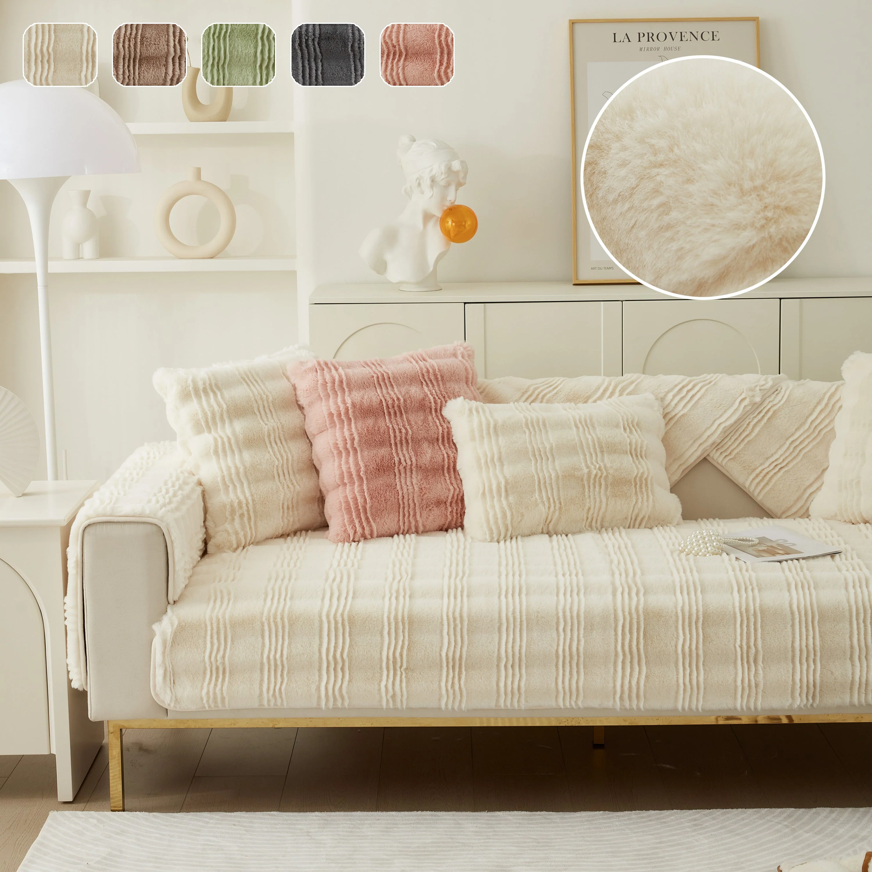 Soft Thick Faux Fur Sofa Cover Stripe Fluffy Fuzzy Non-Slip Washable Couch Covers - Image 2