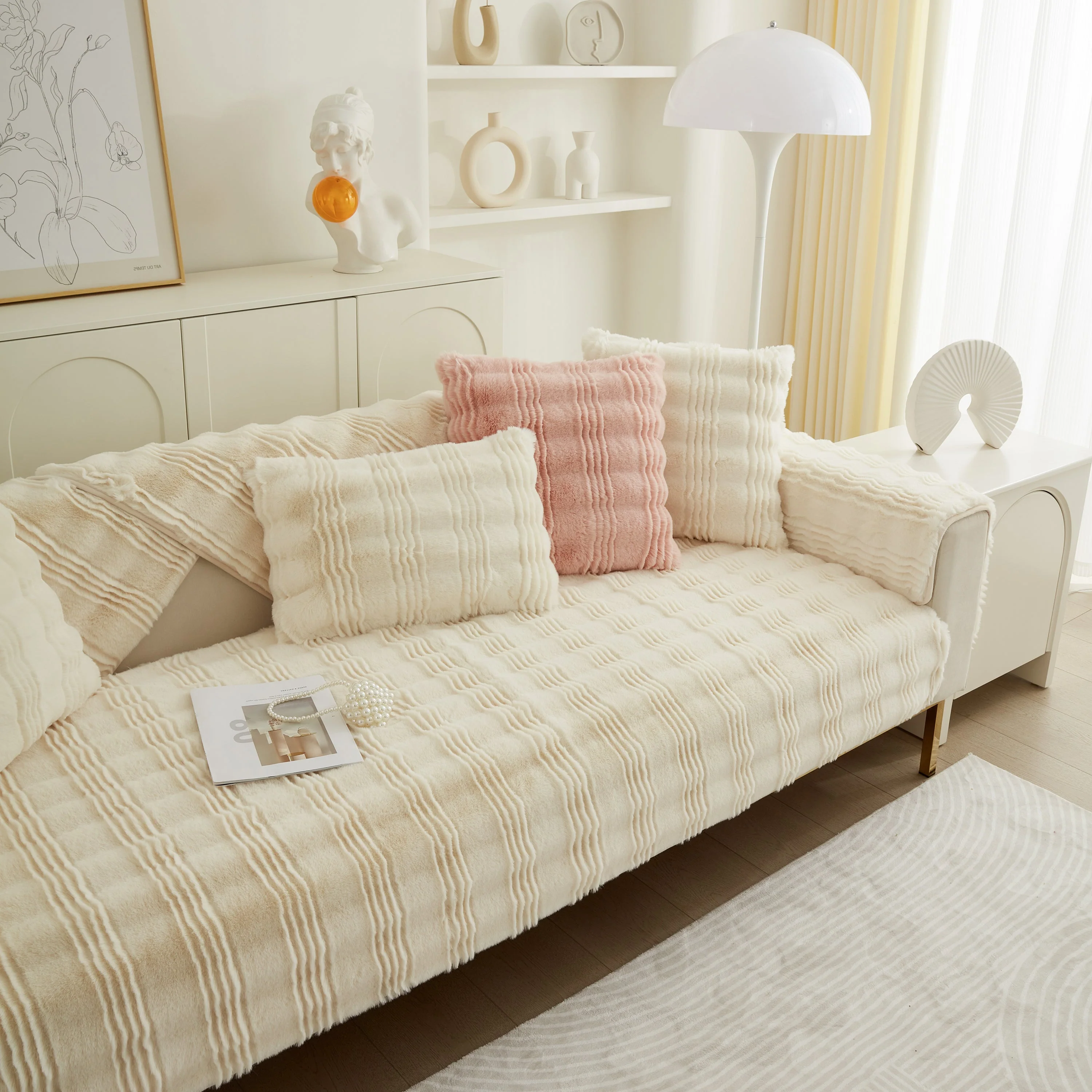 Soft Thick Faux Fur Sofa Cover Stripe Fluffy Fuzzy Non-Slip Washable Couch Covers - Image 20