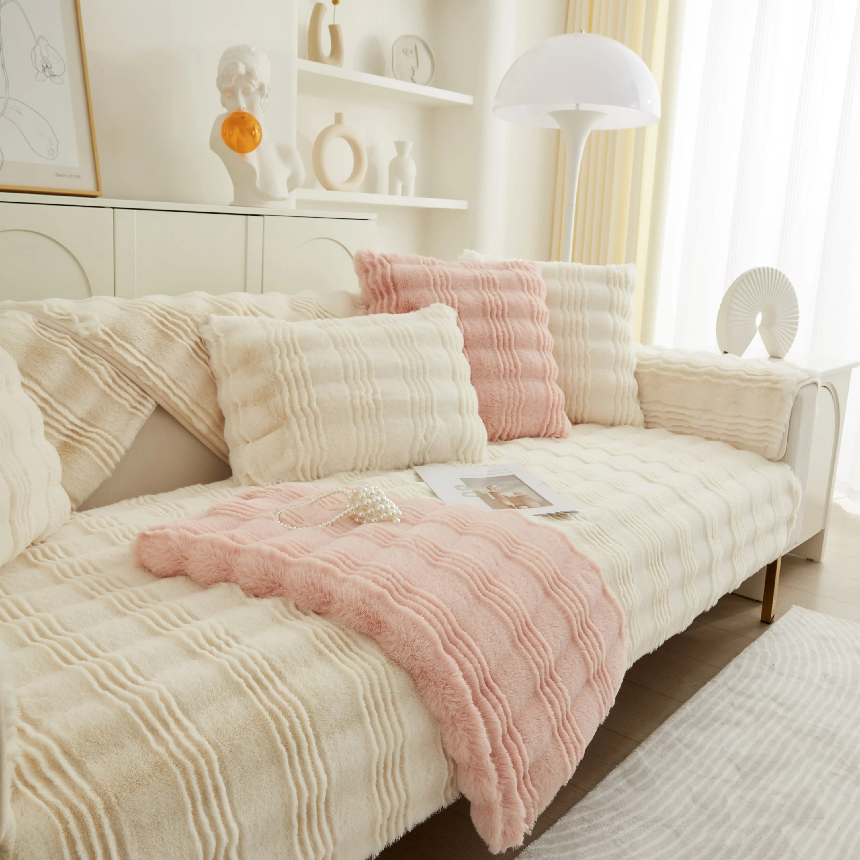 Soft Thick Faux Fur Sofa Cover Stripe Fluffy Fuzzy Non-Slip Washable Couch Covers - Image 22