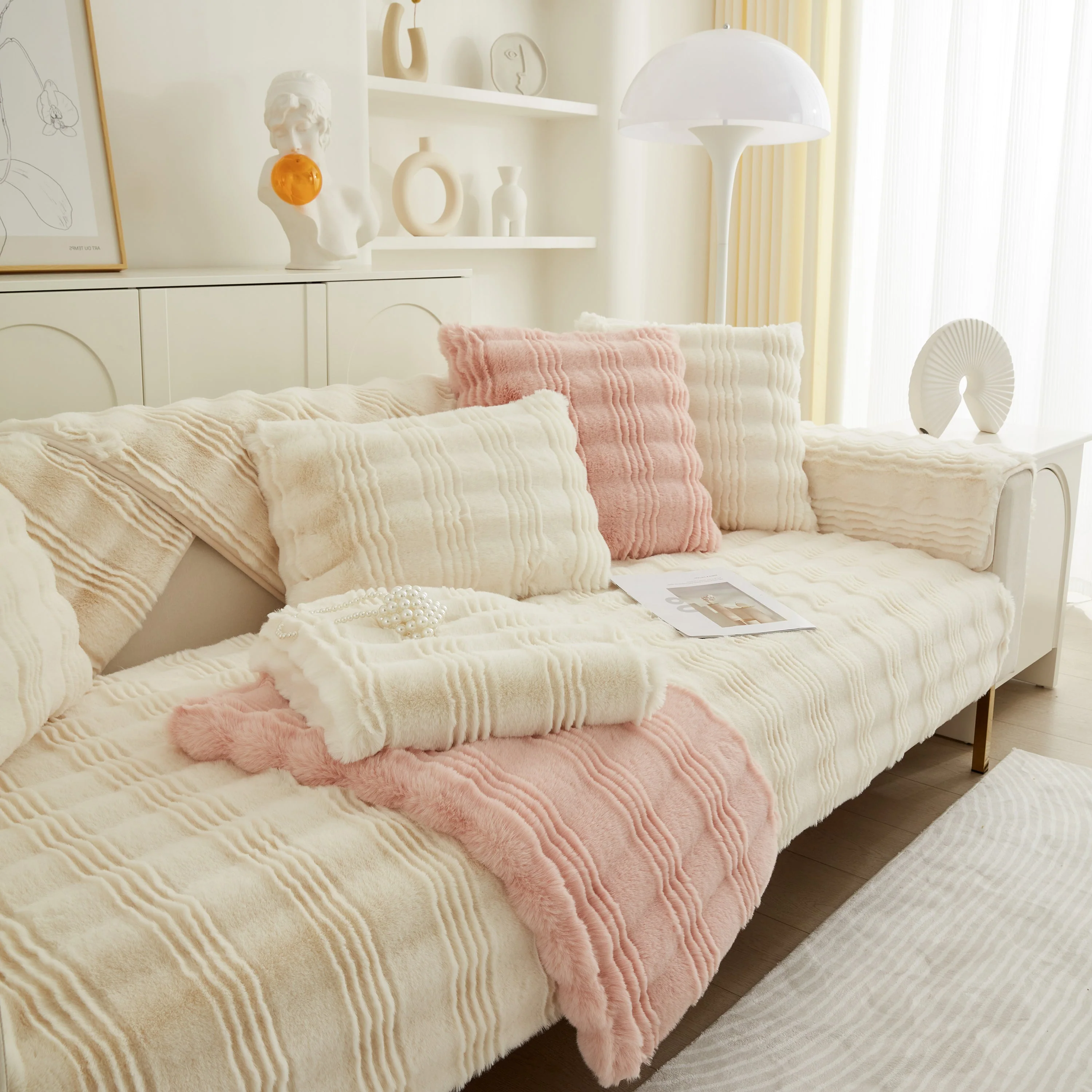 Soft Thick Faux Fur Sofa Cover Stripe Fluffy Fuzzy Non-Slip Washable Couch Covers - Image 23