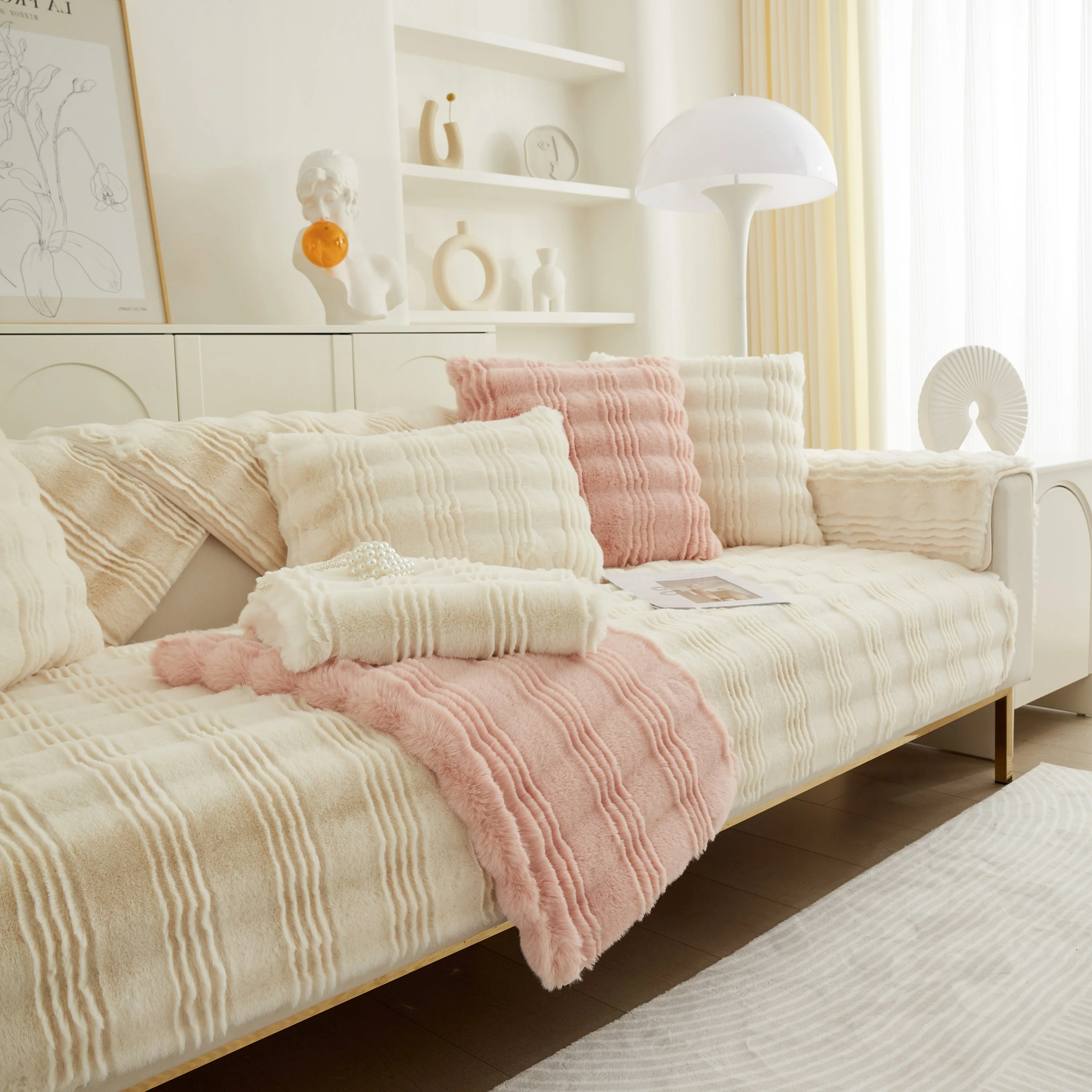 Soft Thick Faux Fur Sofa Cover Stripe Fluffy Fuzzy Non-Slip Washable Couch Covers - Image 24