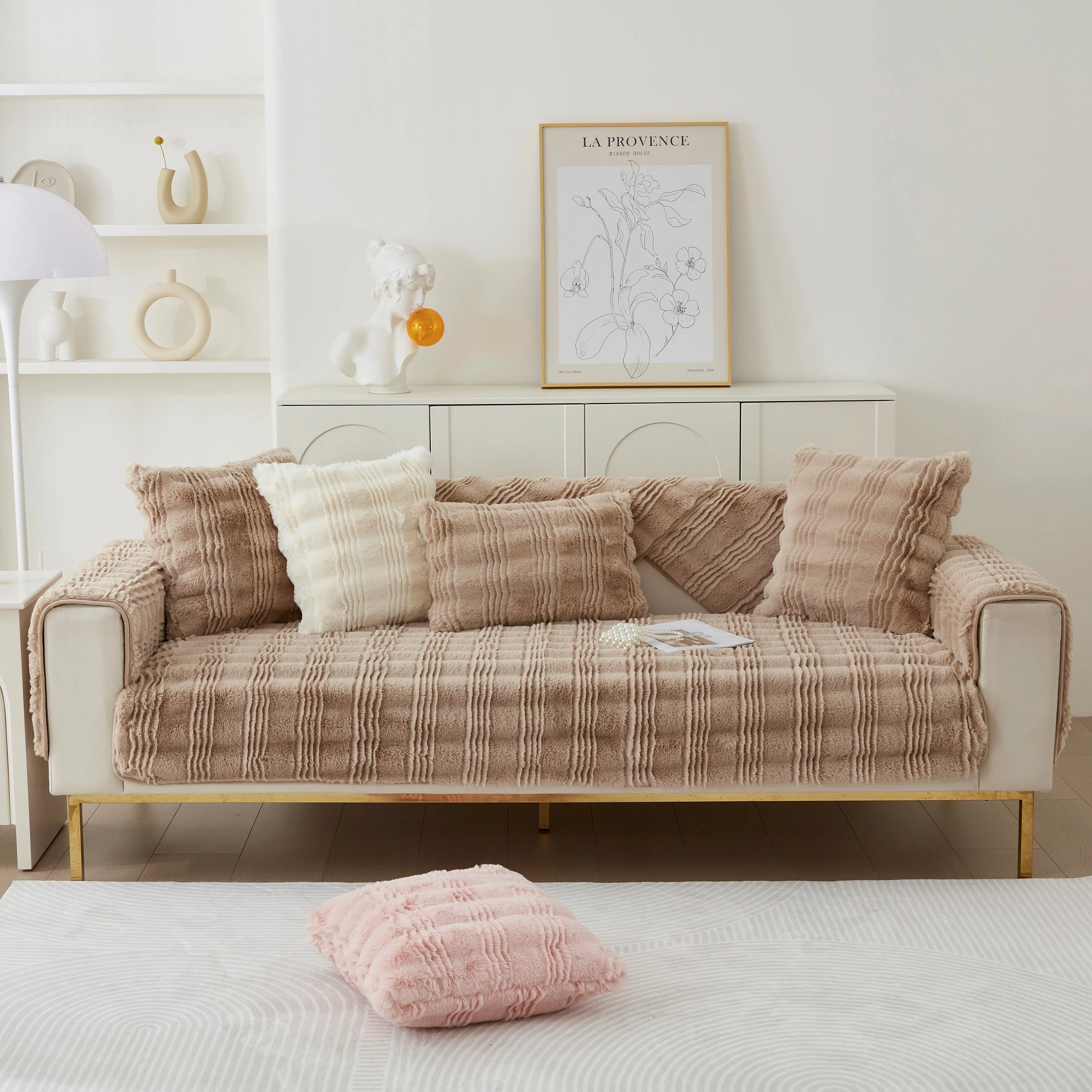 Soft Thick Faux Fur Sofa Cover Stripe Fluffy Fuzzy Non-Slip Washable Couch Covers - Image 25