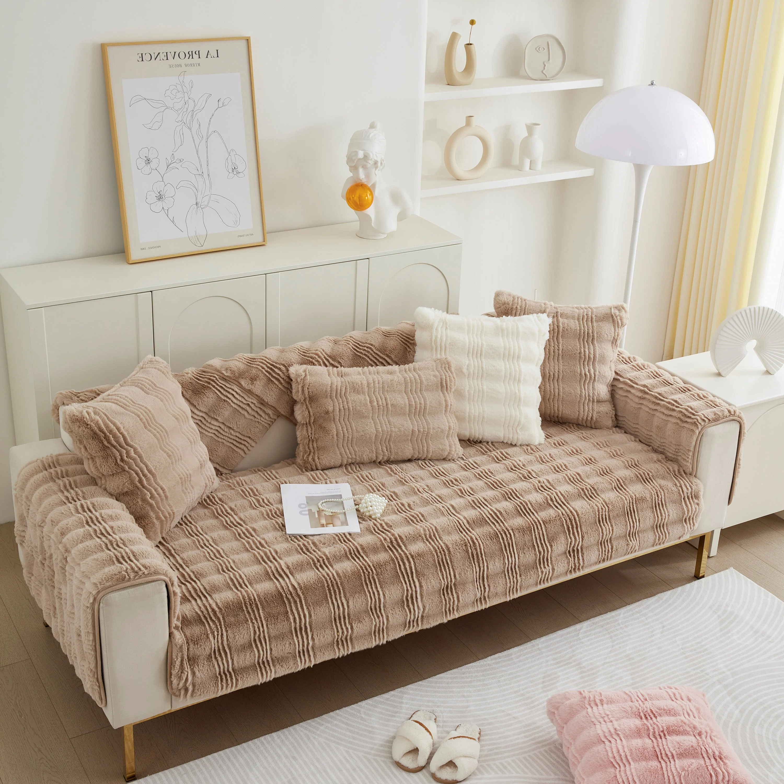 Soft Thick Faux Fur Sofa Cover Stripe Fluffy Fuzzy Non-Slip Washable Couch Covers - Image 26