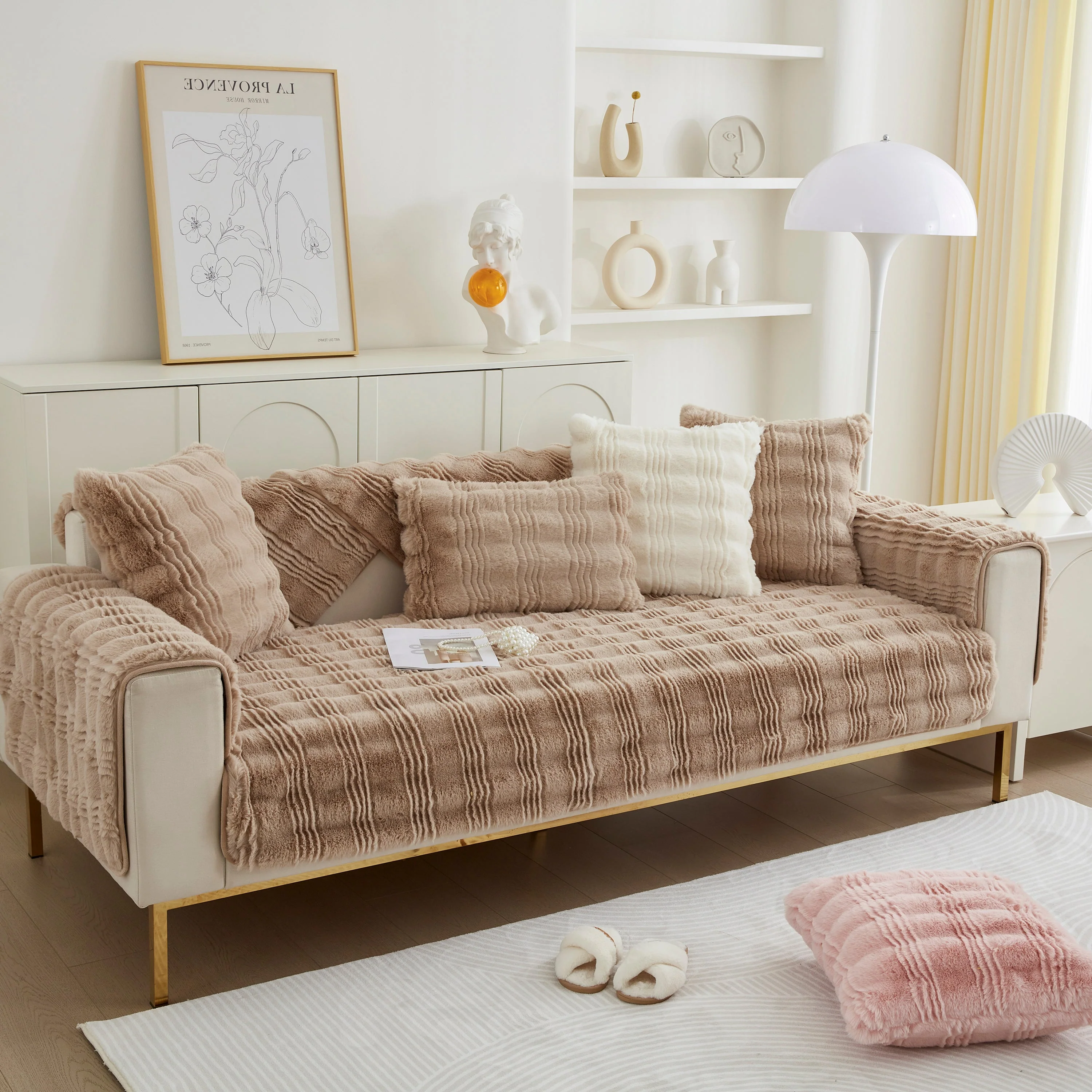 Soft Thick Faux Fur Sofa Cover Stripe Fluffy Fuzzy Non-Slip Washable Couch Covers - Image 27
