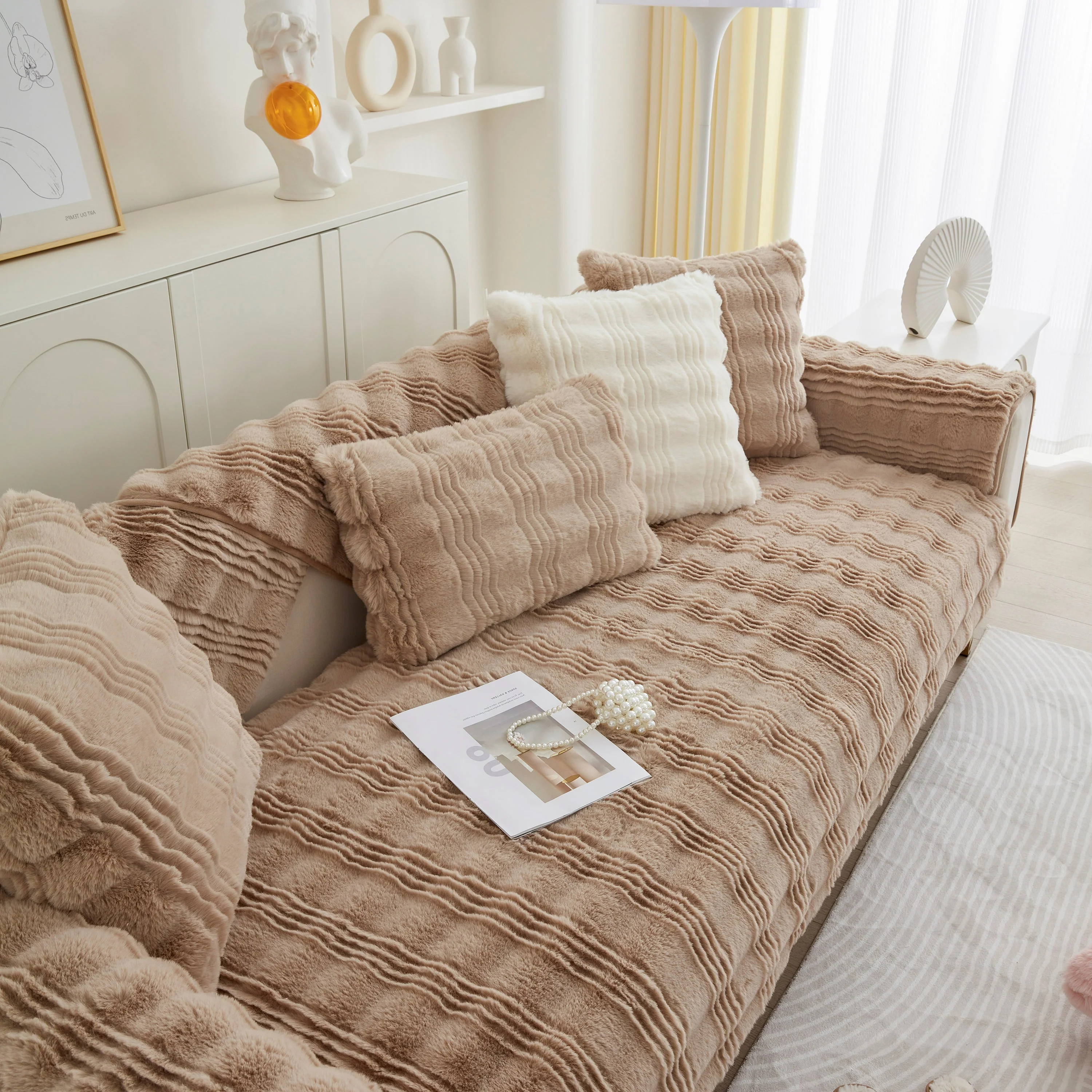 Soft Thick Faux Fur Sofa Cover Stripe Fluffy Fuzzy Non-Slip Washable Couch Covers - Image 28