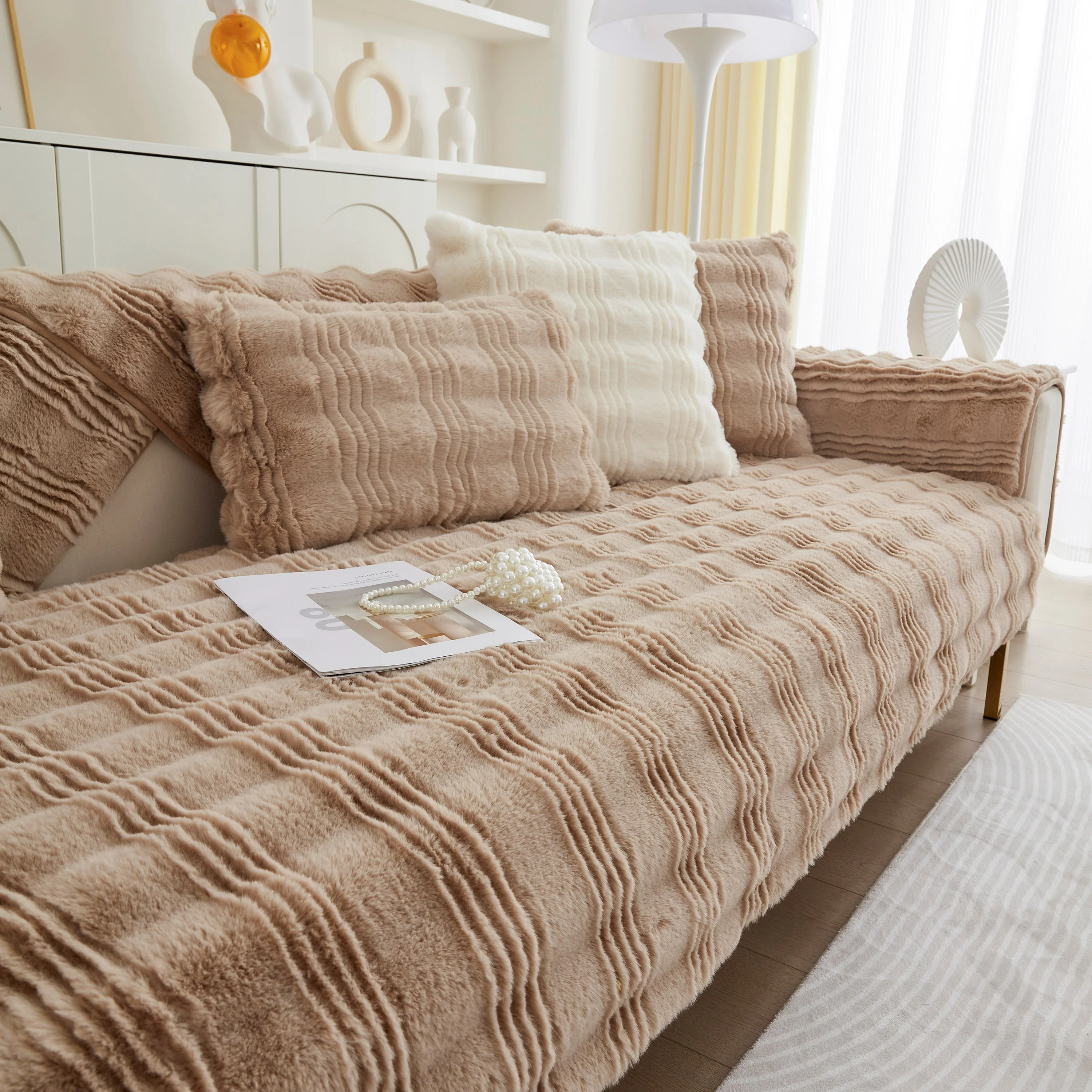 Soft Thick Faux Fur Sofa Cover Stripe Fluffy Fuzzy Non-Slip Washable Couch Covers - Image 29