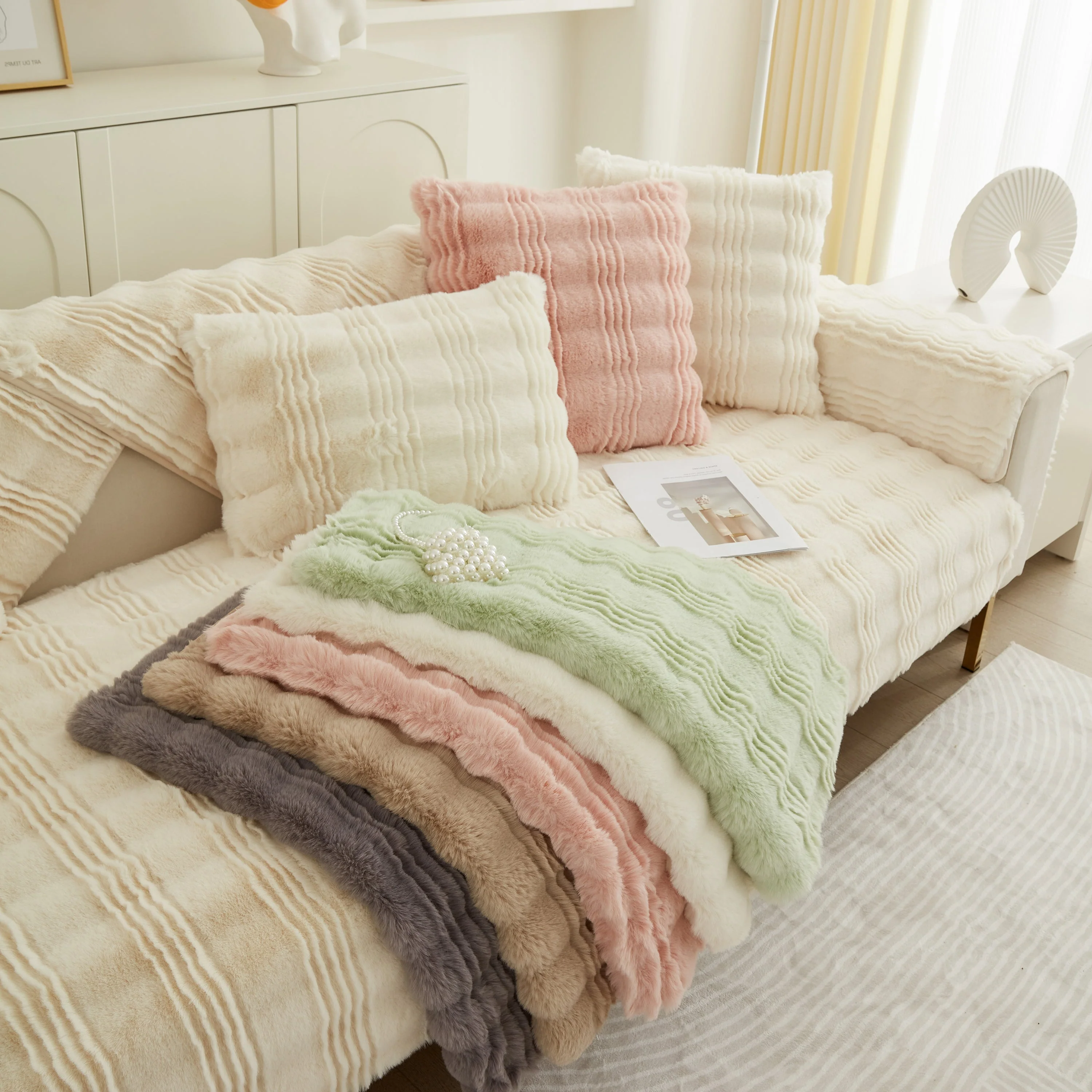 Soft Thick Faux Fur Sofa Cover Stripe Fluffy Fuzzy Non-Slip Washable Couch Covers - Image 3
